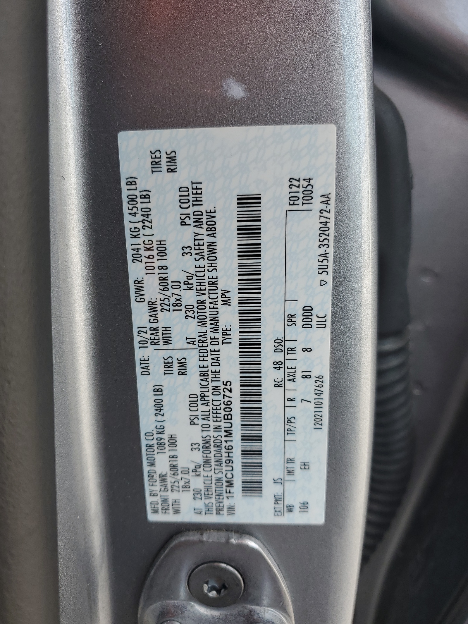 1FMCU9H61MUB06725 2021 Ford Escape Sel