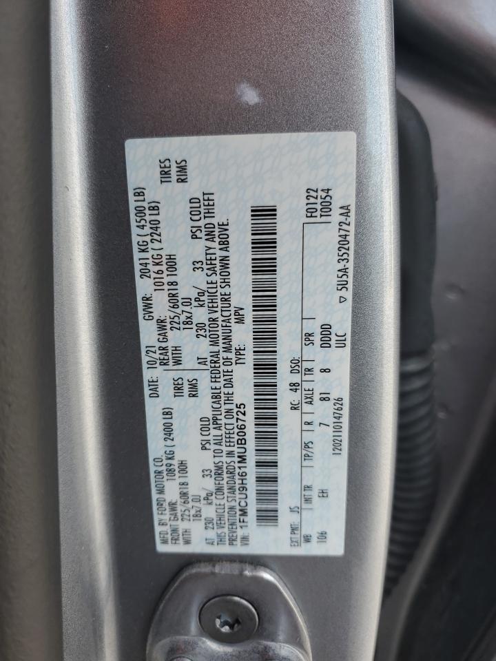 2021 Ford Escape Sel VIN: 1FMCU9H61MUB06725 Lot: 65616004