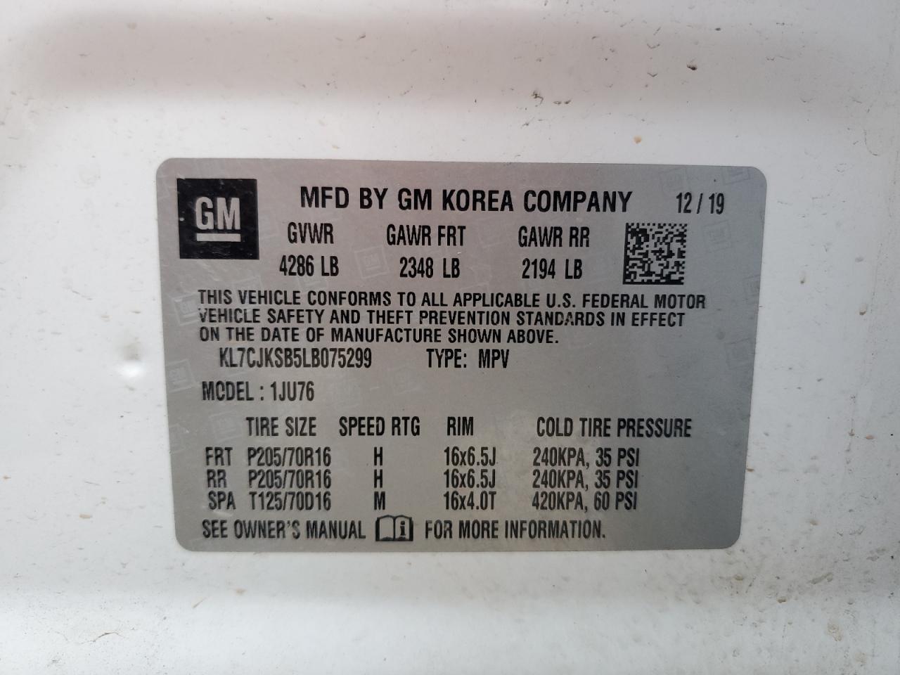 2020 Chevrolet Trax Ls VIN: KL7CJKSB5LB075299 Lot: 63103564