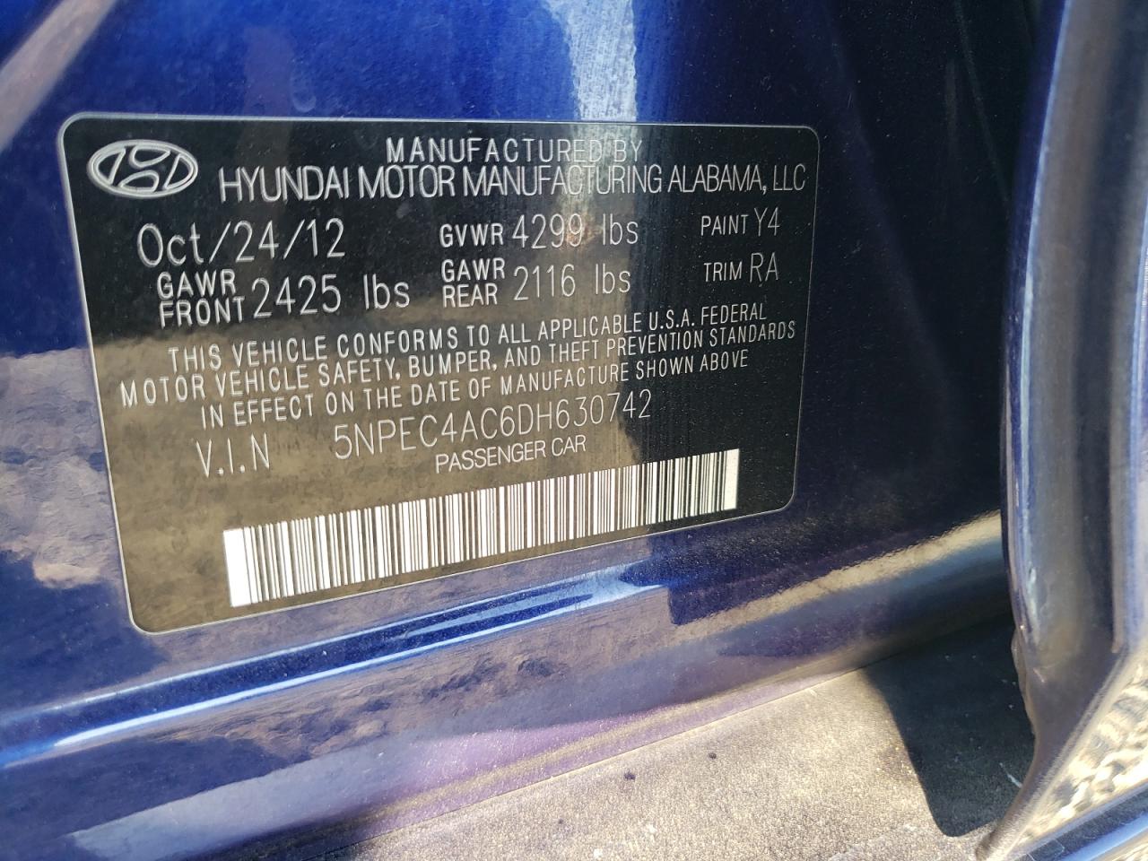 2013 Hyundai Sonata Se VIN: 5NPEC4AC6DH630742 Lot: 61962134