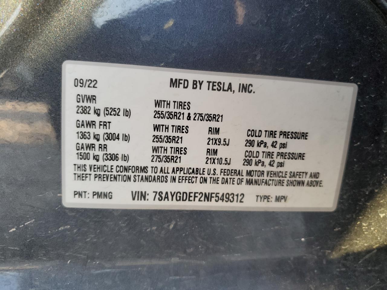 7SAYGDEF2NF549312 2022 Tesla Model Y