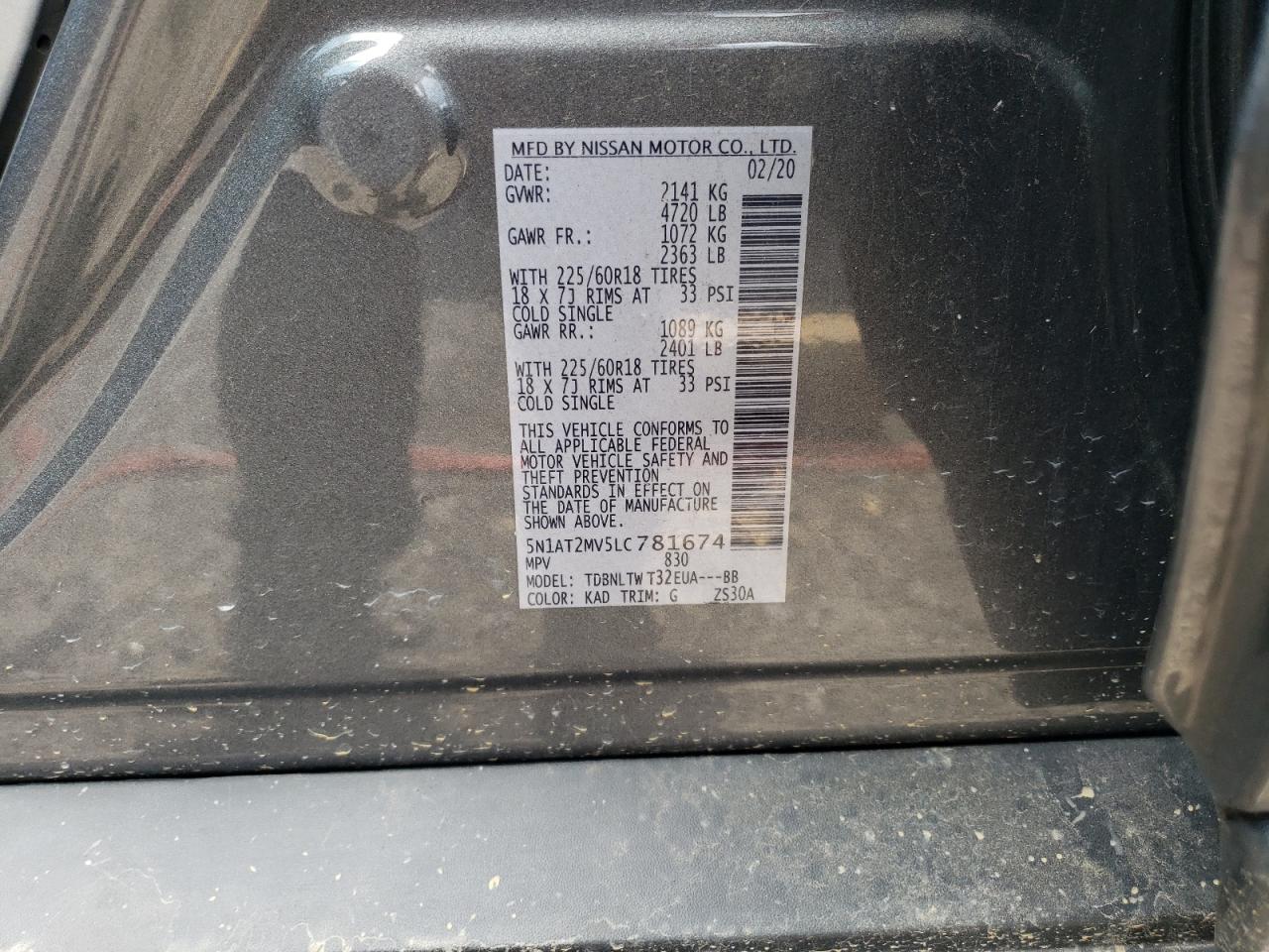 2020 Nissan Rogue S VIN: 5N1AT2MV5LC781674 Lot: 62520174