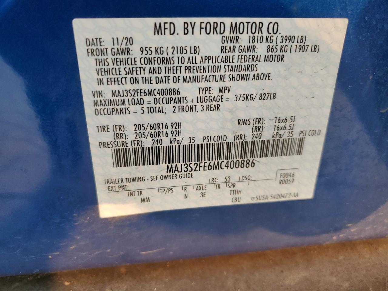 2021 Ford Ecosport S VIN: MAJ3S2FE6MC400886 Lot: 63144264