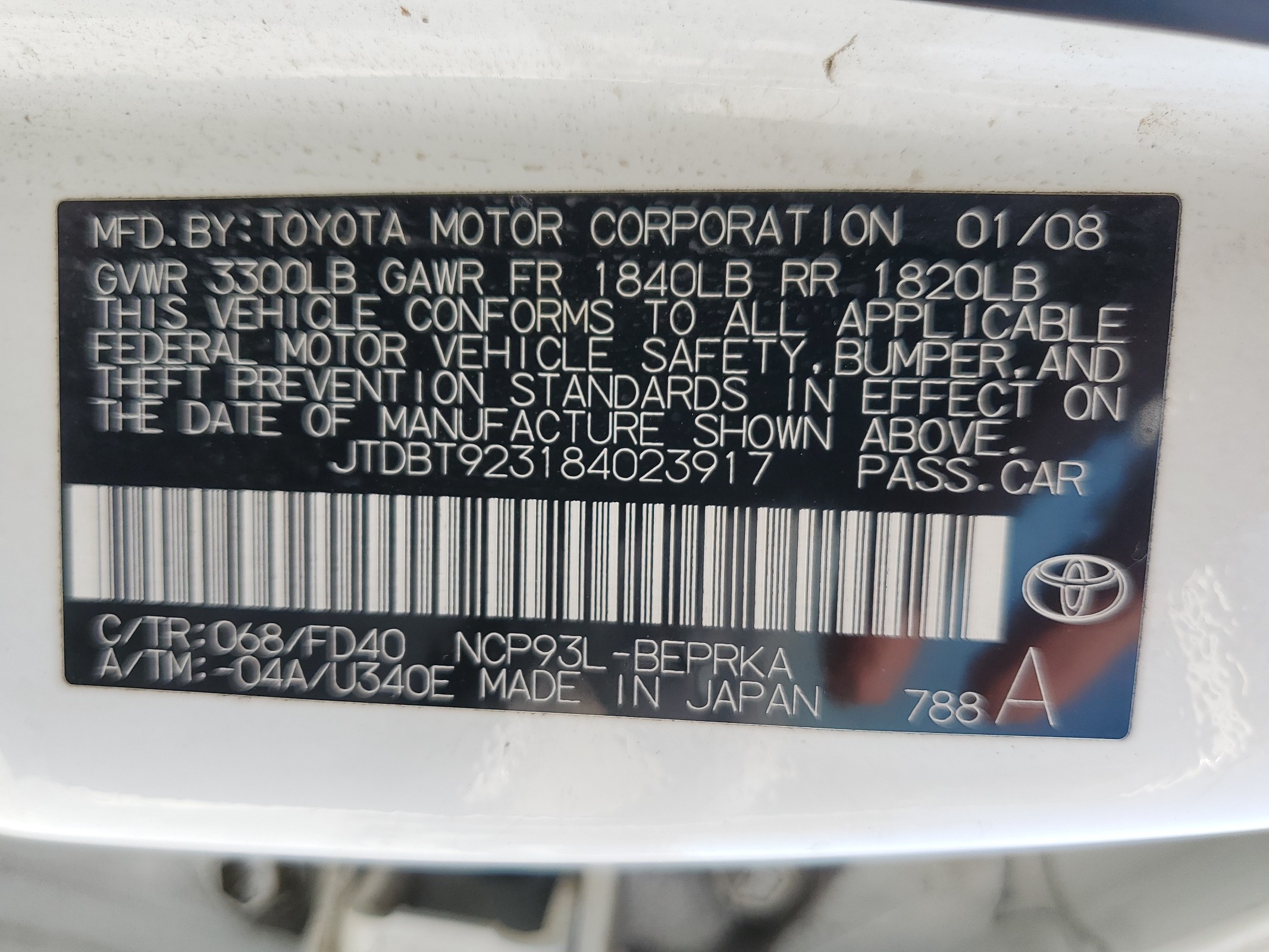 JTDBT923184023917 2008 Toyota Yaris