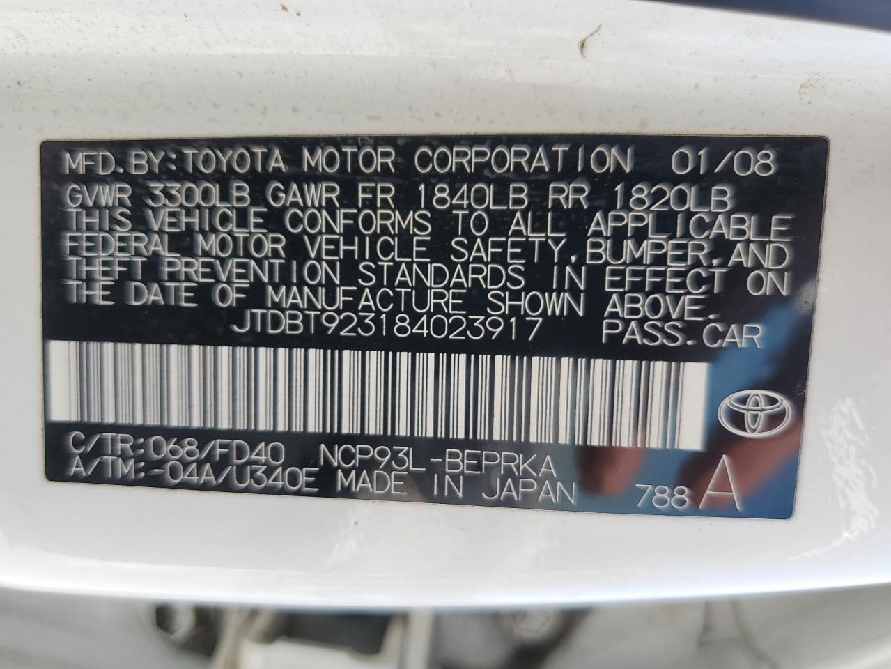 2008 Toyota Yaris VIN: JTDBT923184023917 Lot: 64248174