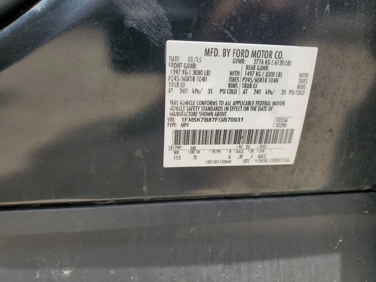 2015 Ford Explorer VIN: 1FM5K7B87FGB70931 Lot: 61872324