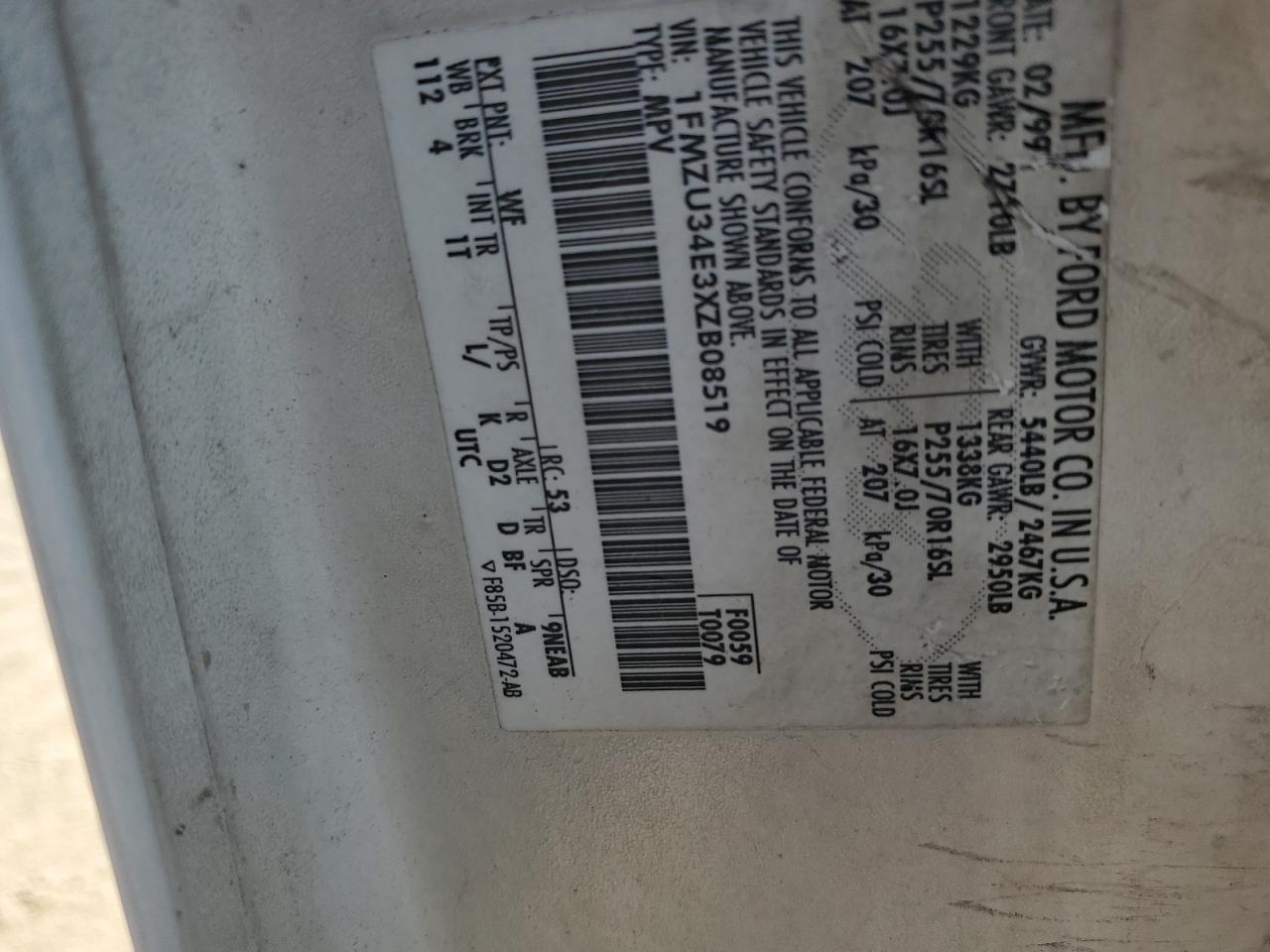 1999 Ford Explorer VIN: 1FMZU34E3XZB08519 Lot: 64490684