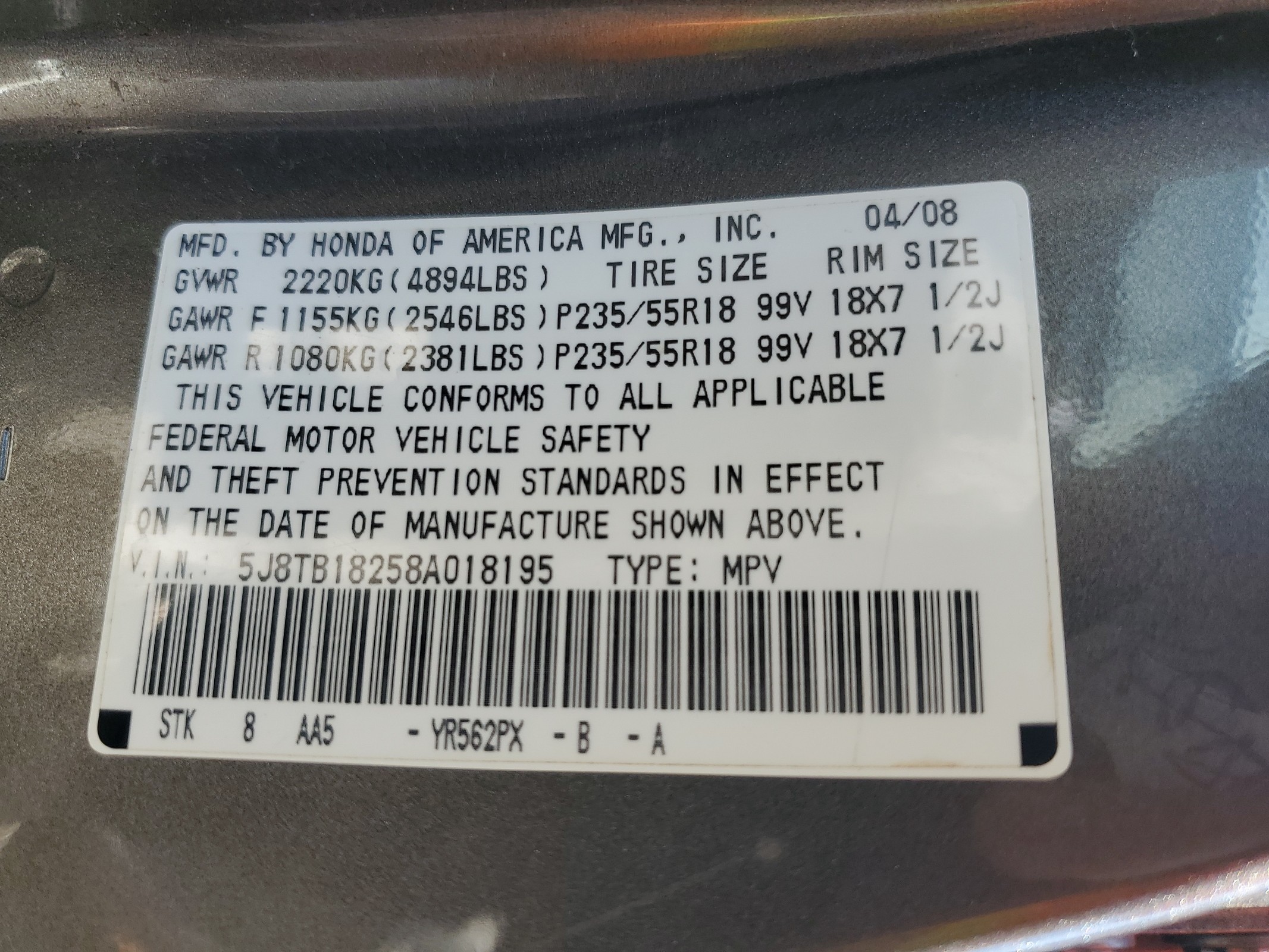 5J8TB18258A018195 2008 Acura Rdx