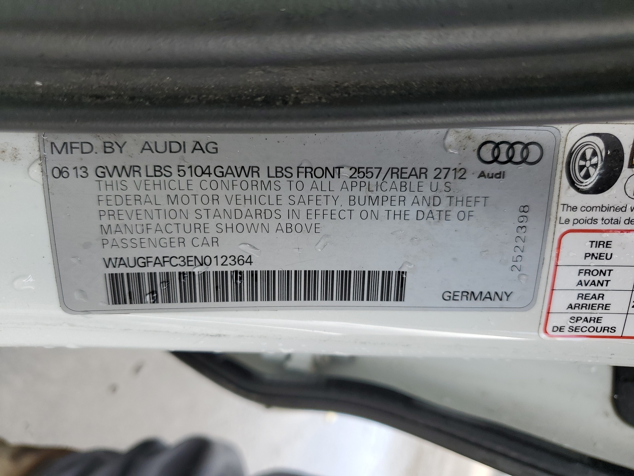 WAUGFAFC3EN012364 2014 Audi A6 Premium Plus