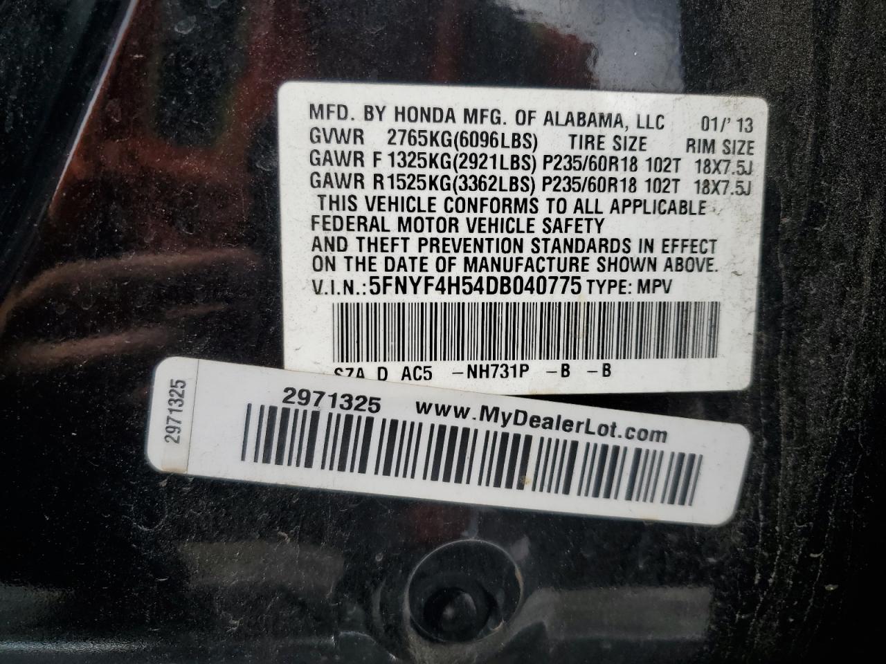 2013 Honda Pilot Exl VIN: 5FNYF4H54DB040775 Lot: 64833144