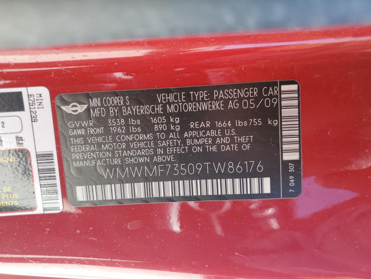 2009 Mini Cooper S VIN: WMWMF73509TW86176 Lot: 61664164