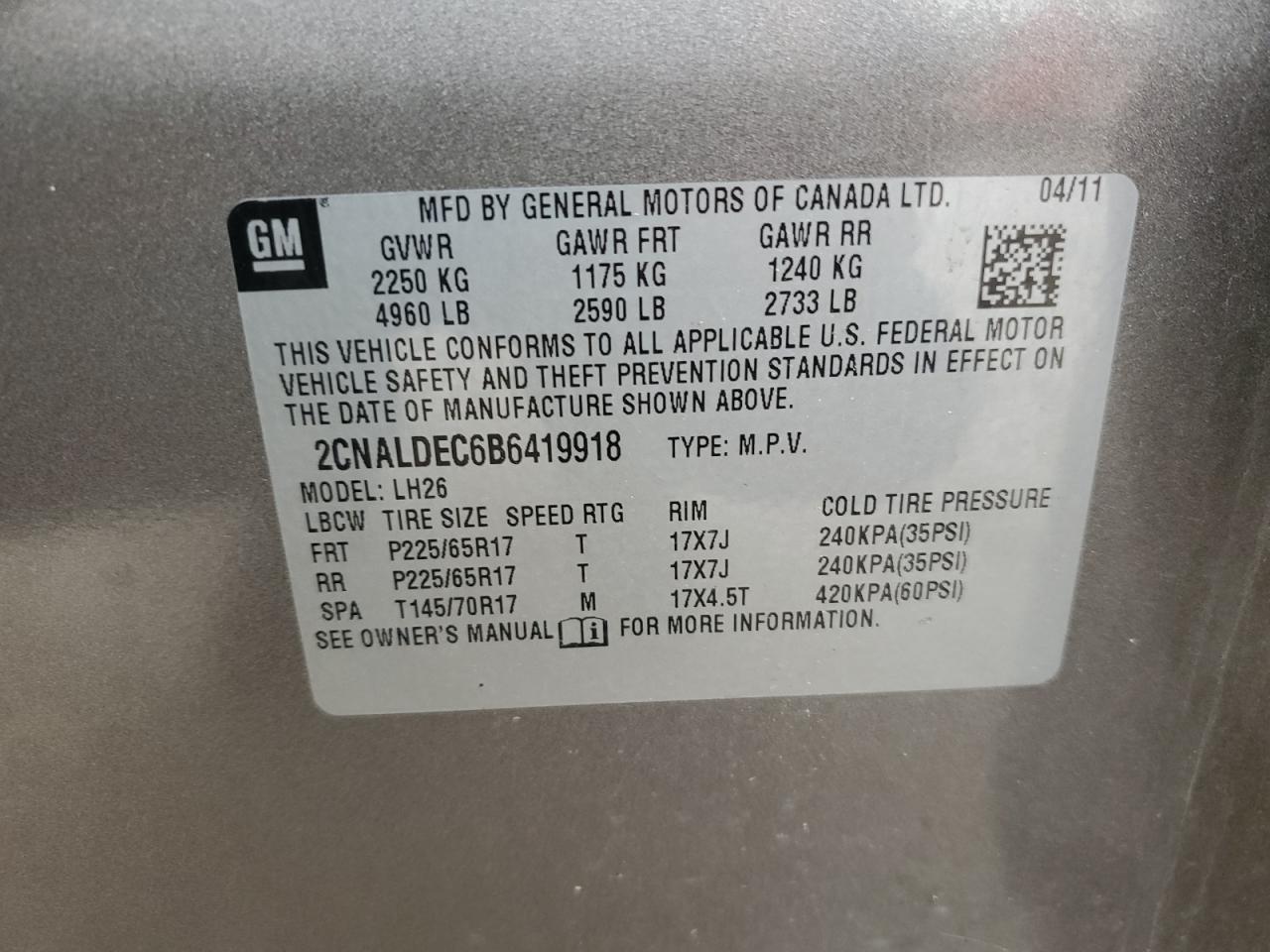 2011 Chevrolet Equinox Lt VIN: 2CNALDEC6B6419918 Lot: 62146964