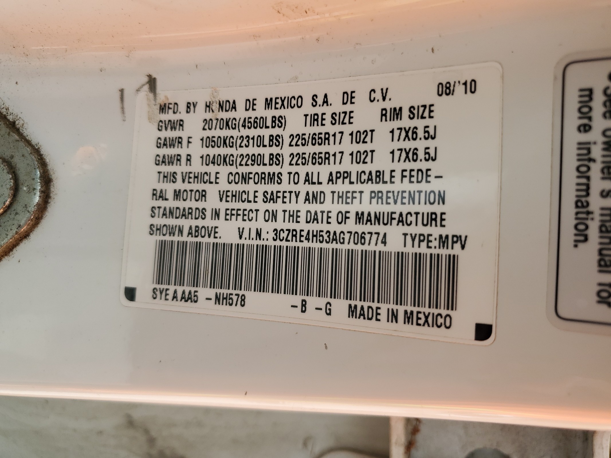 3CZRE4H53AG706774 2010 Honda Cr-V Ex