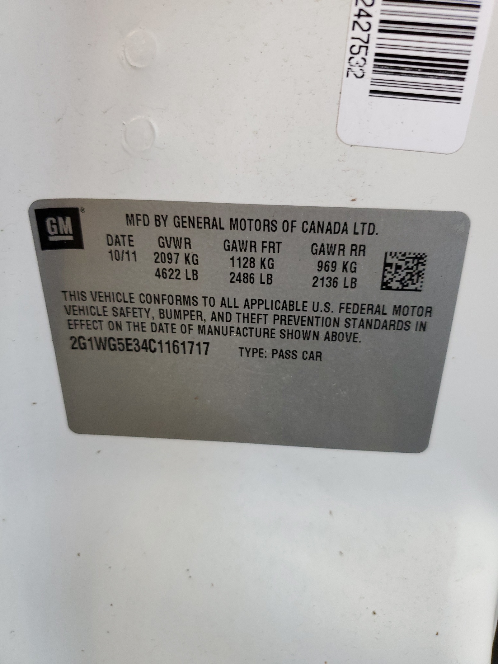 2G1WG5E34C1161717 2012 Chevrolet Impala Lt