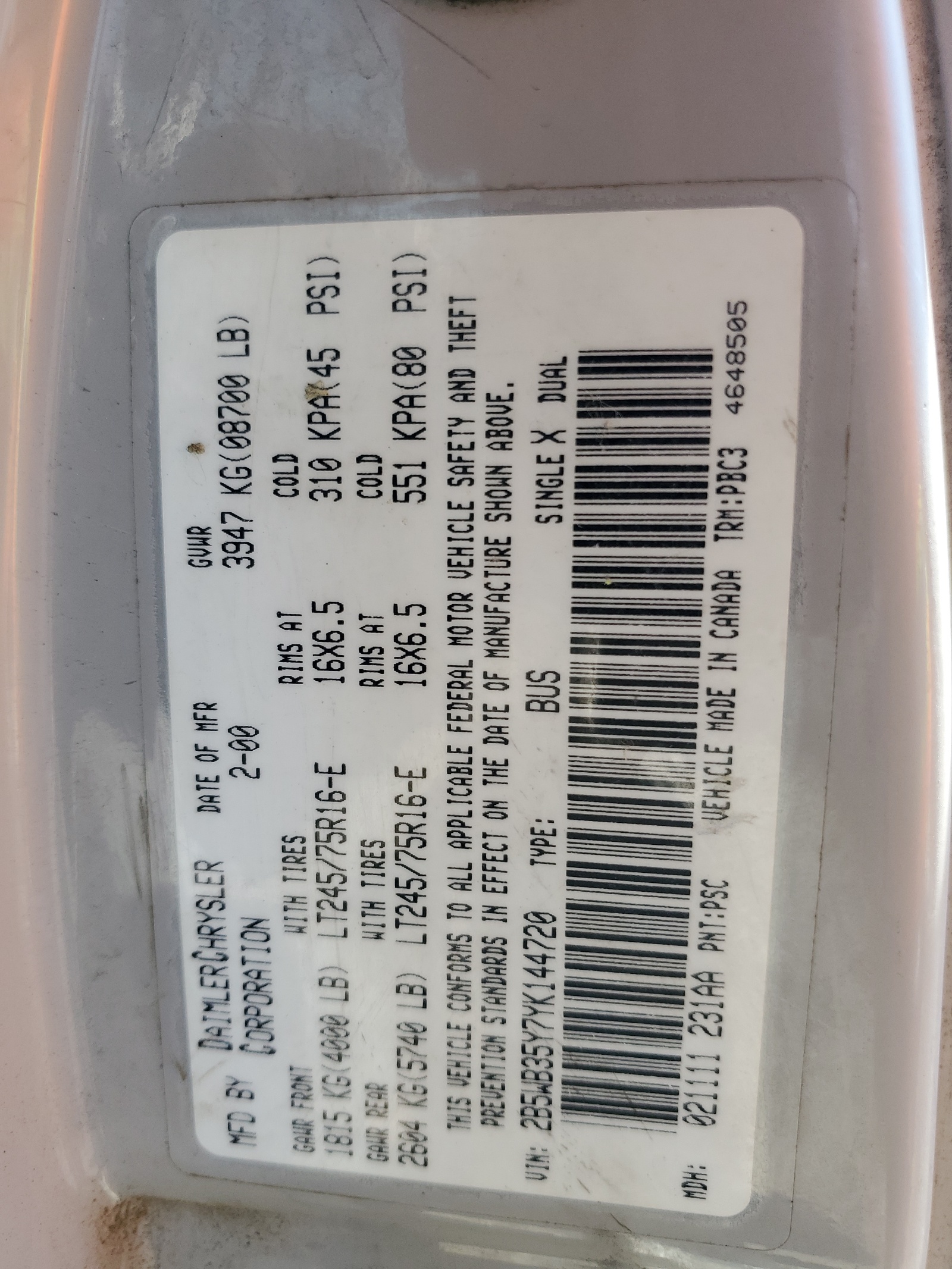 2B5WB35Y7YK144720 2000 Dodge Ram Wagon B3500