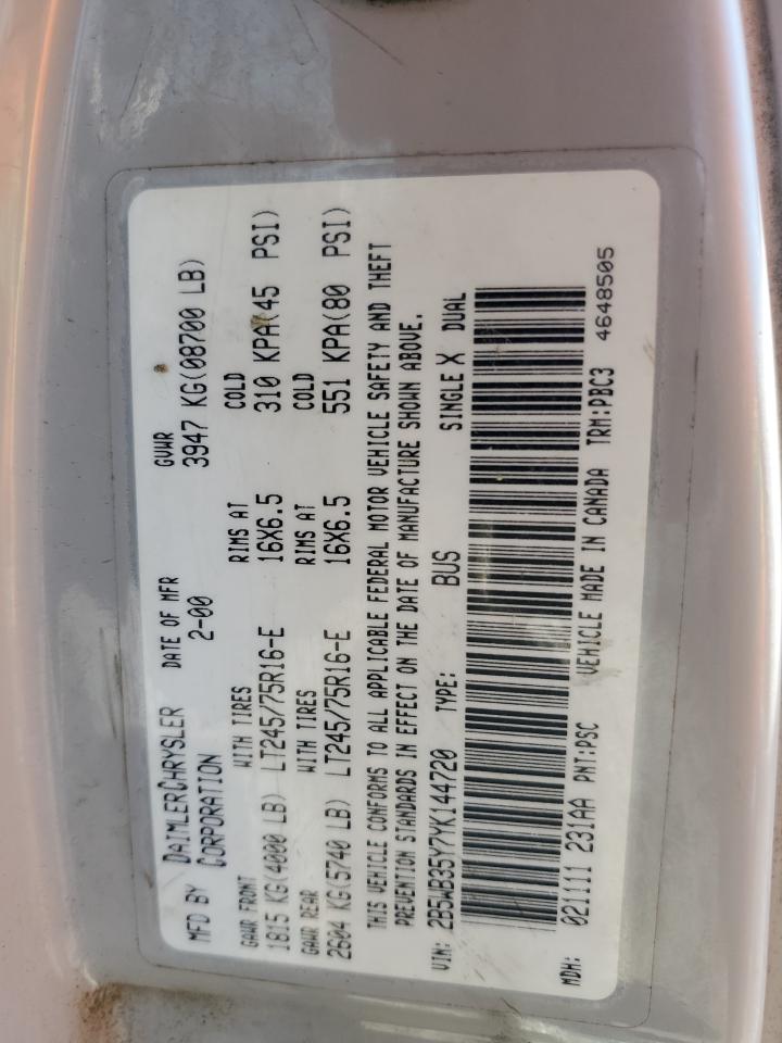 2000 Dodge Ram Wagon B3500 VIN: 2B5WB35Y7YK144720 Lot: 63201074