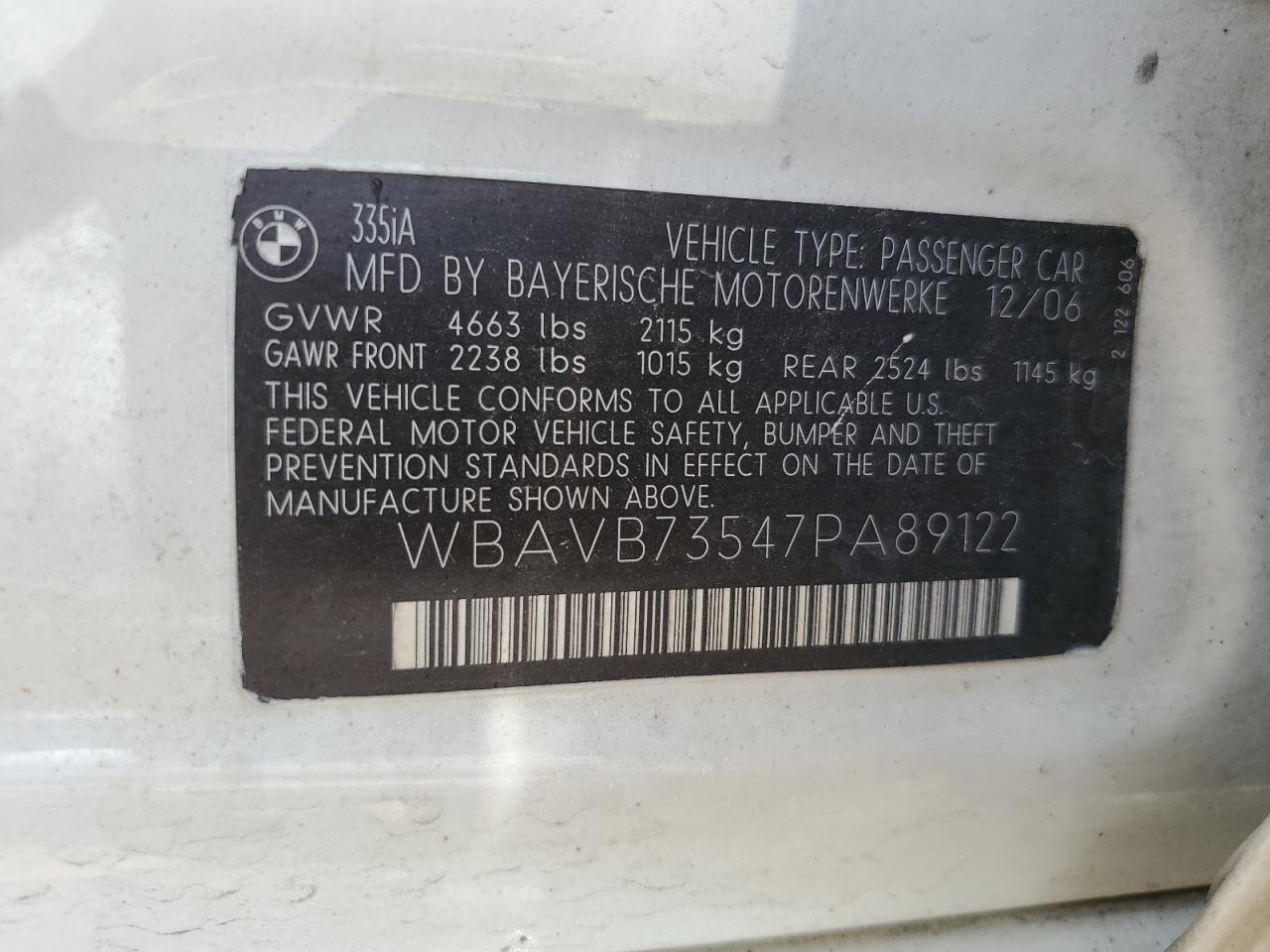 2007 BMW 335 I VIN: WBAVB73547PA89122 Lot: 61843284