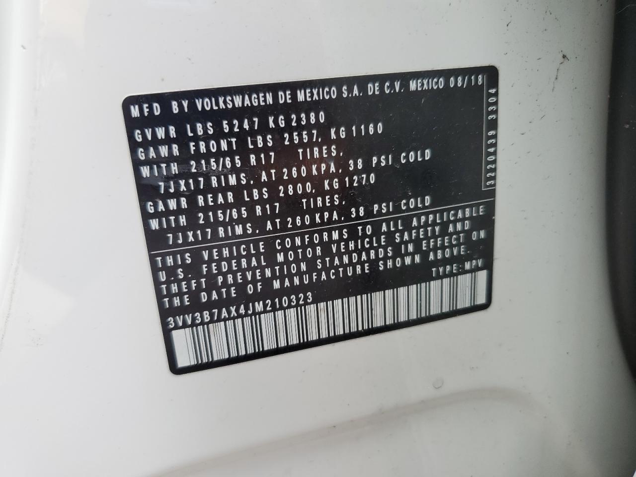 2018 Volkswagen Tiguan Se VIN: 3VV3B7AX4JM210323 Lot: 63902894