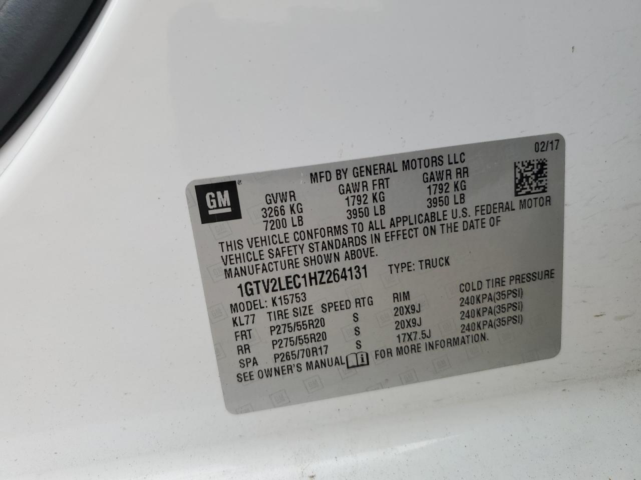 2017 GMC Sierra K1500 VIN: 1GTV2LEC1HZ264131 Lot: 63047404