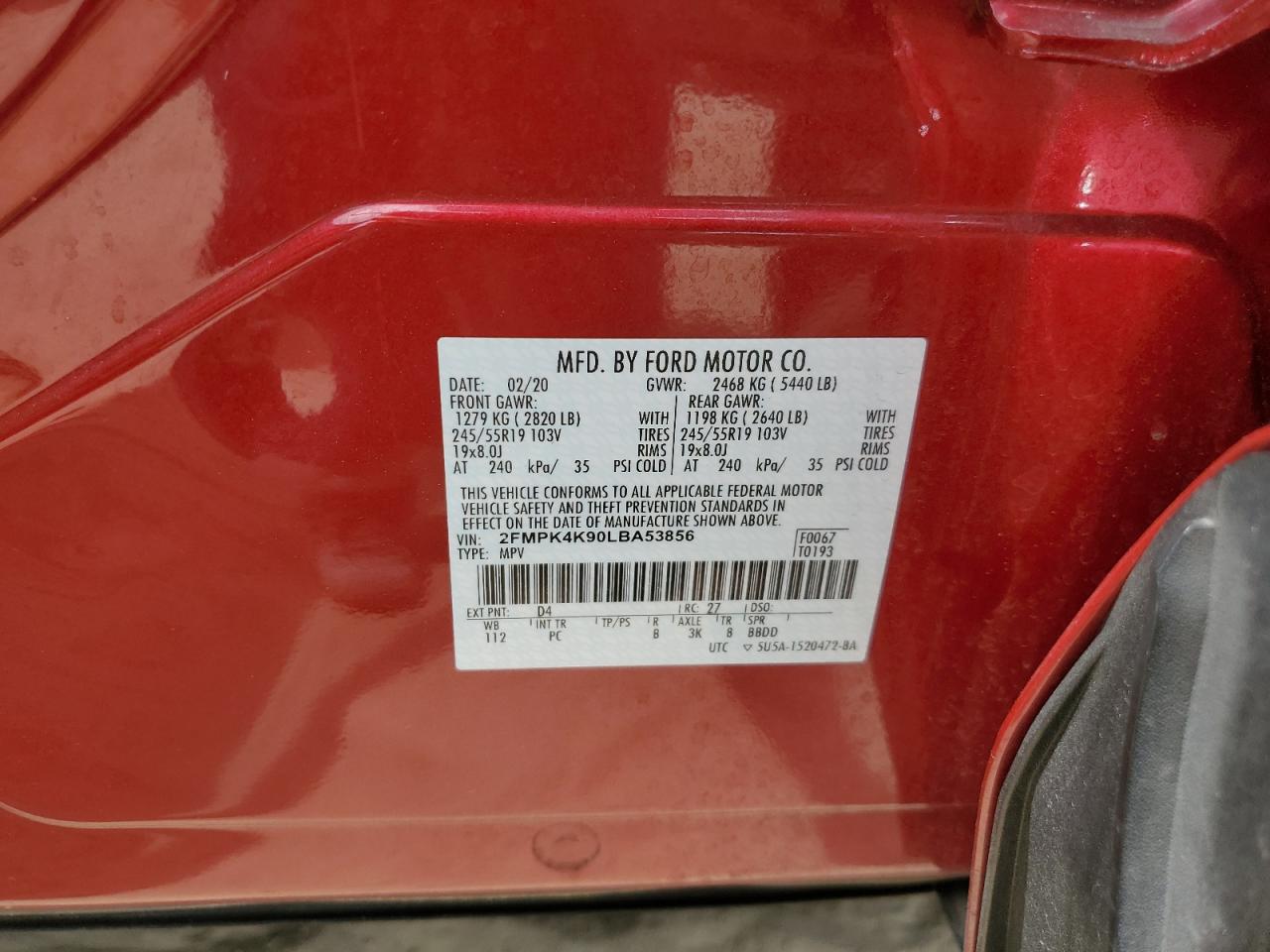 2020 Ford Edge Titanium VIN: 2FMPK4K90LBA53856 Lot: 62032884