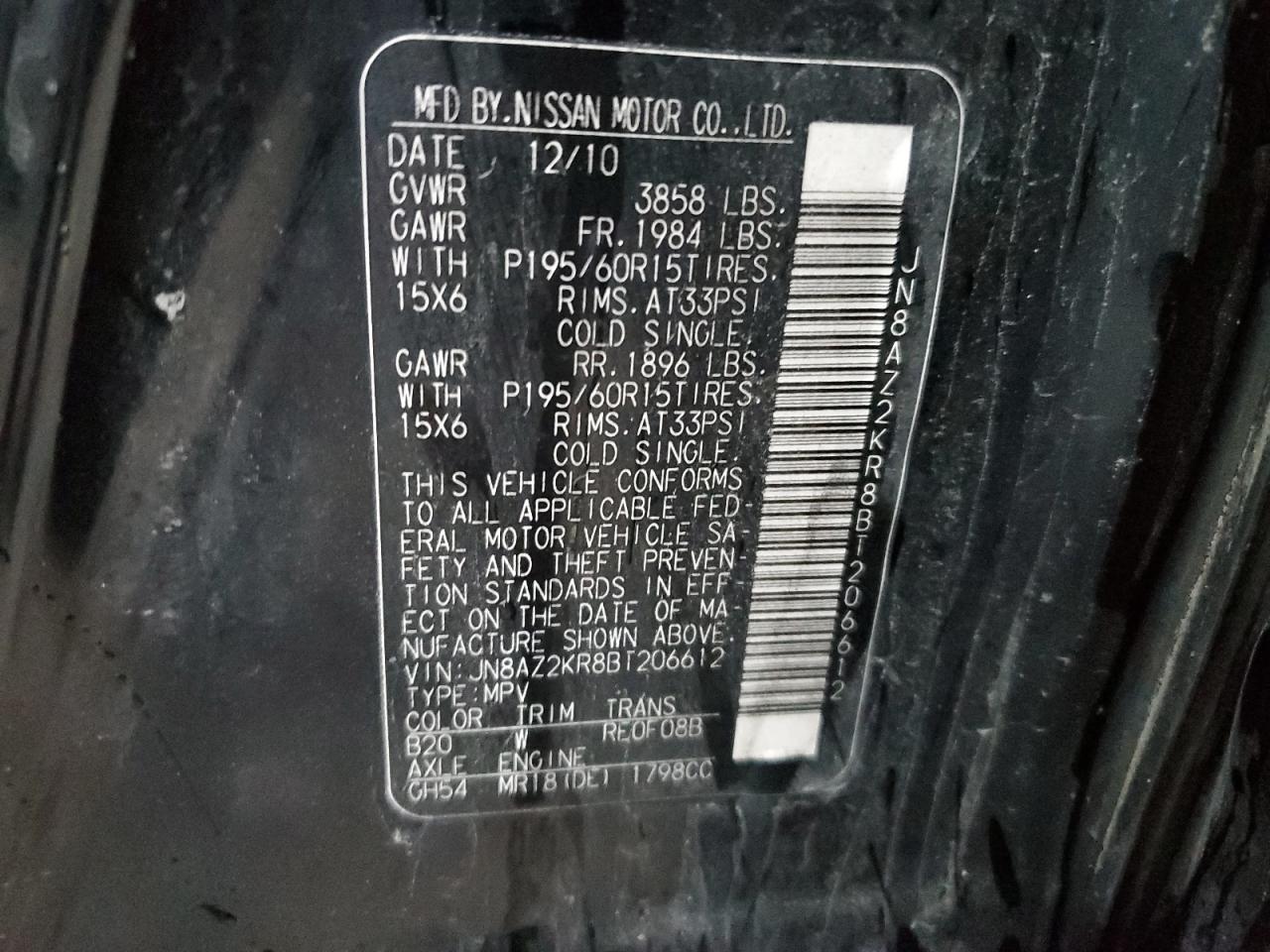 2011 Nissan Cube Base VIN: JN8AZ2KR8BT206612 Lot: 63190874