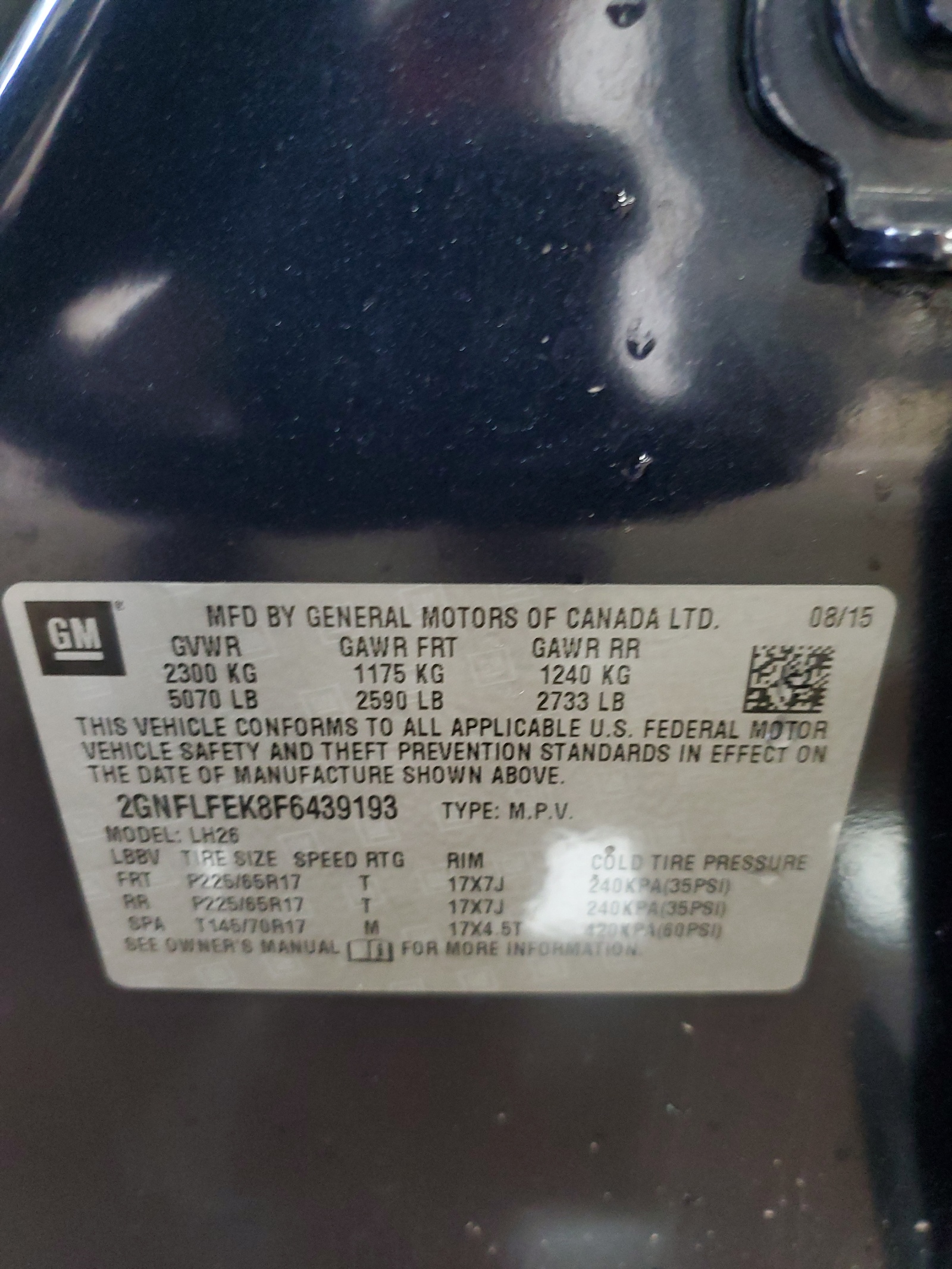 2GNFLFEK8F6439193 2015 Chevrolet Equinox Lt