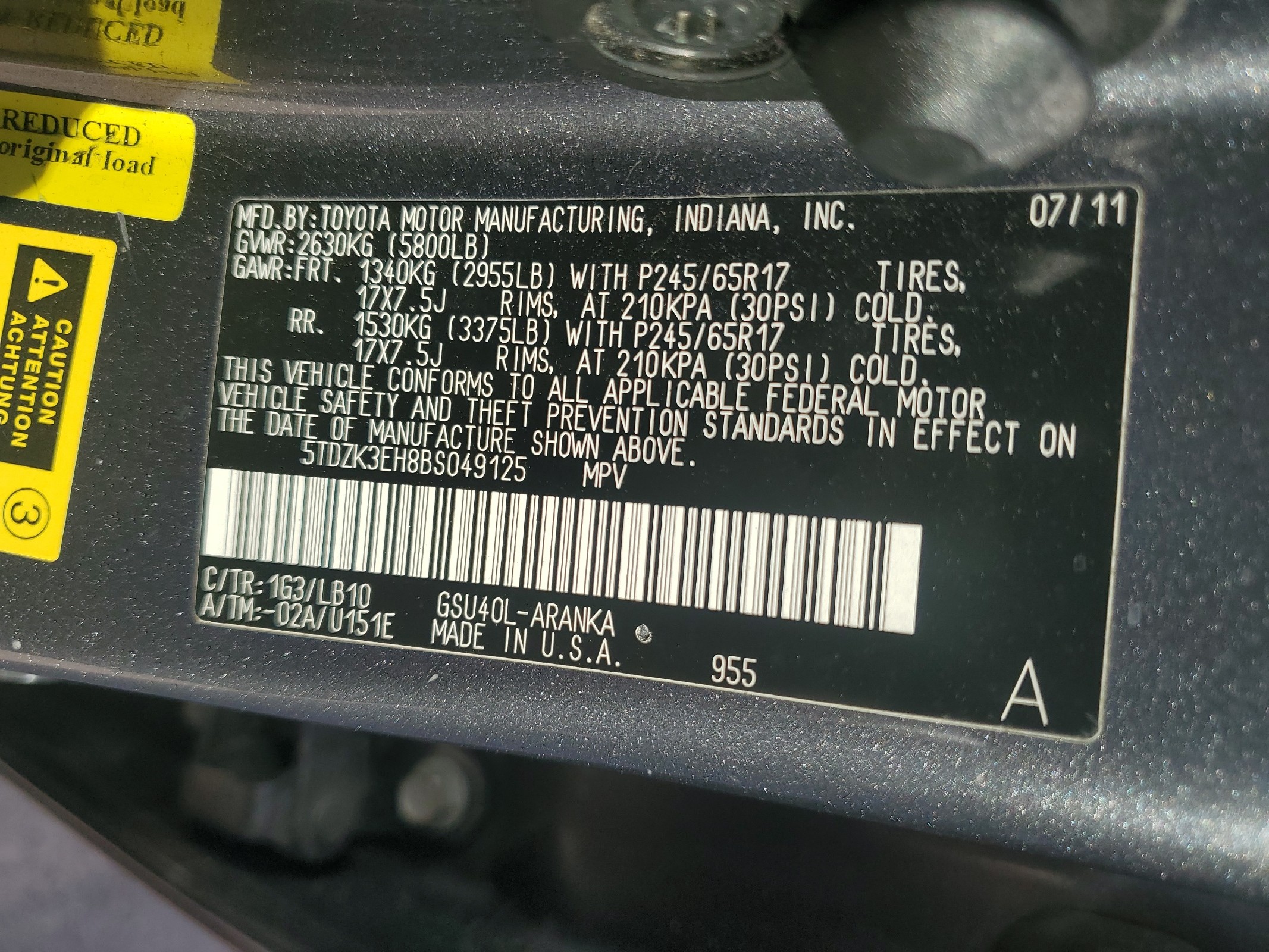 5TDZK3EH8BS049125 2011 Toyota Highlander Base