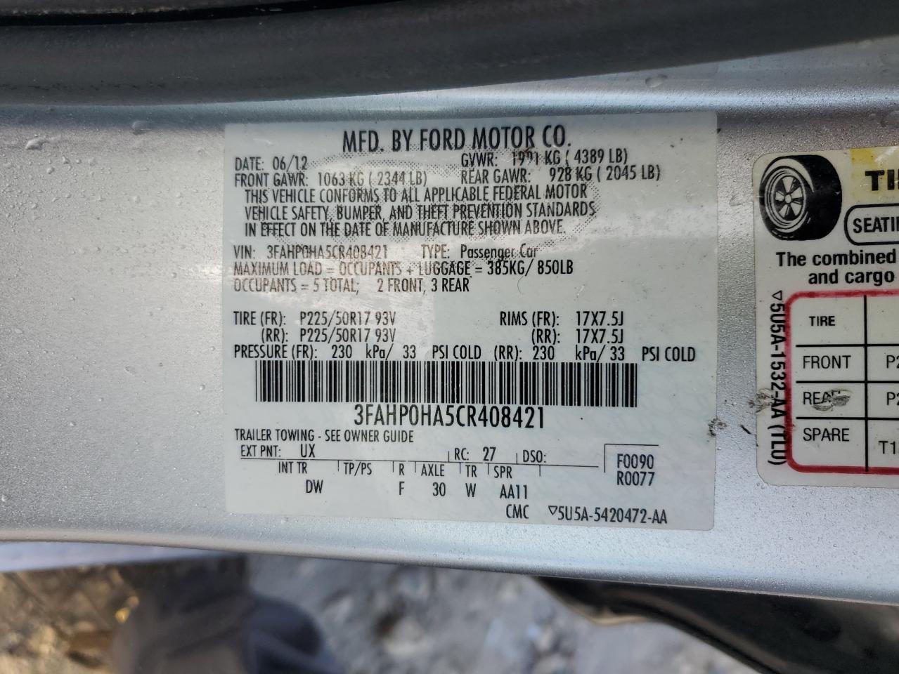 2012 Ford Fusion Se VIN: 3FAHP0HA5CR408421 Lot: 64101904