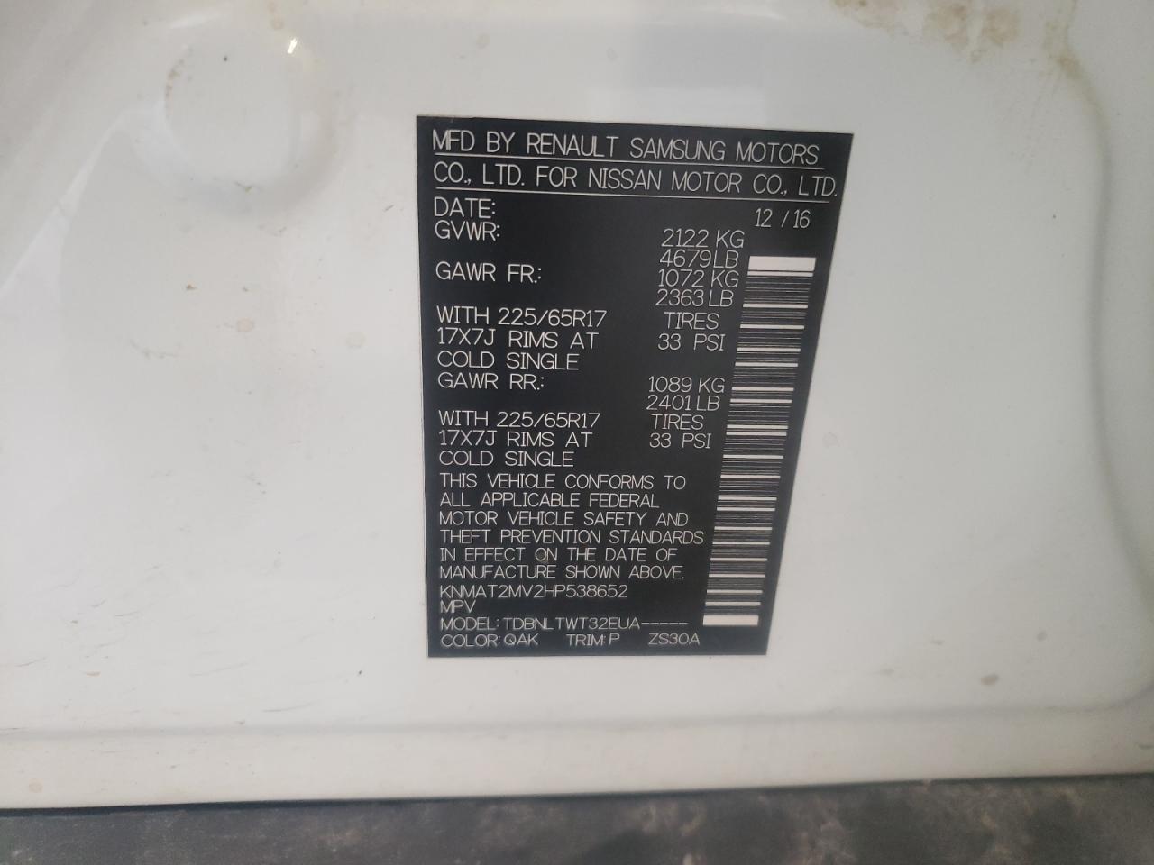 2017 Nissan Rogue S VIN: KNMAT2MV2HP538652 Lot: 63675104