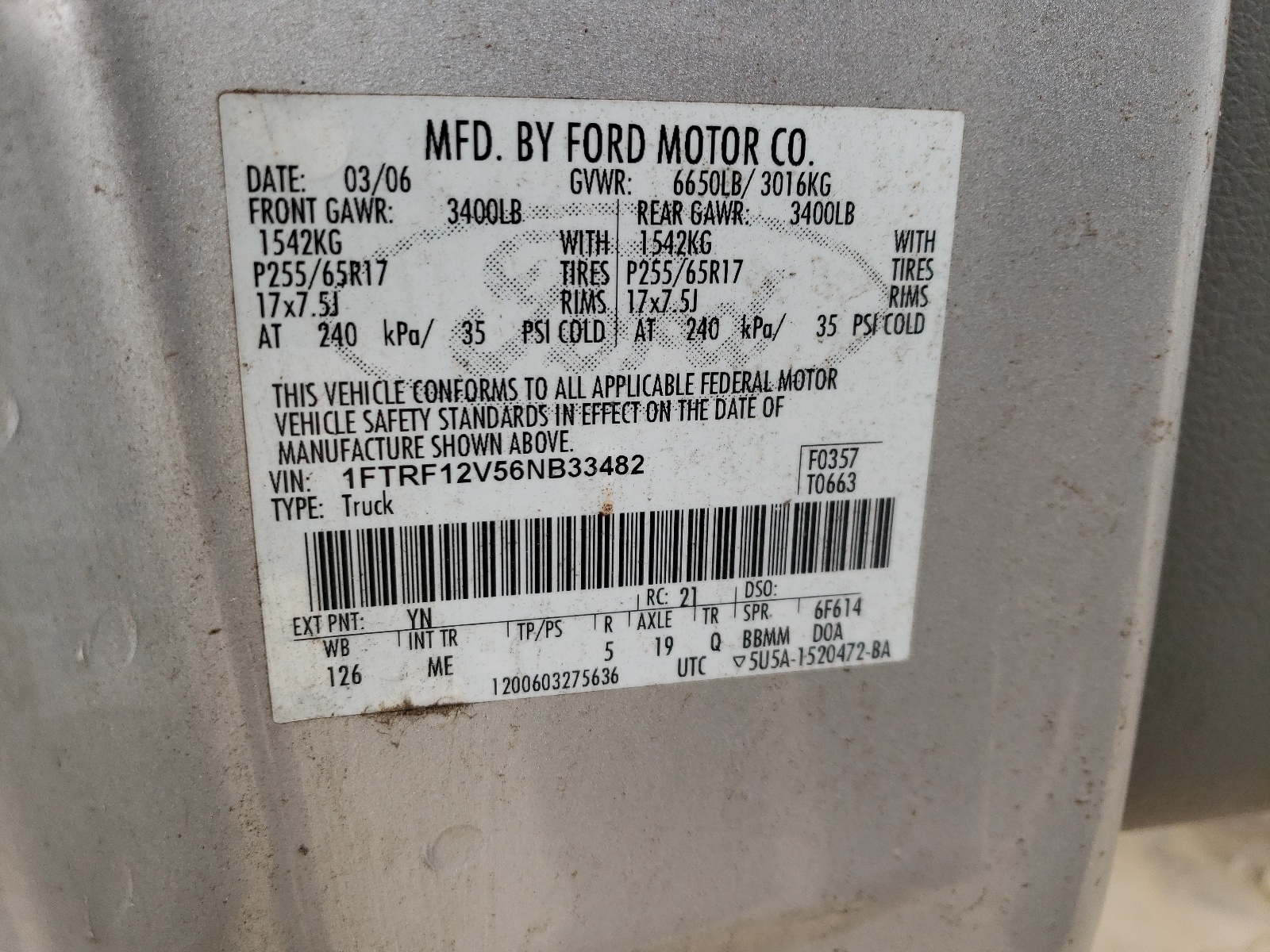 1FTRF12V56NB33482 2006 Ford F150