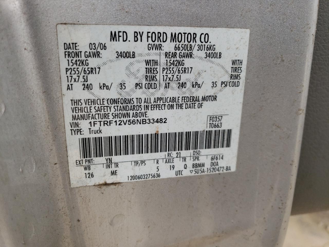 2006 Ford F150 VIN: 1FTRF12V56NB33482 Lot: 63868844