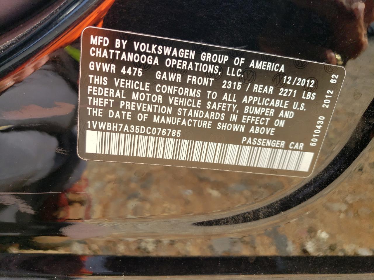 2013 Volkswagen Passat Se VIN: 1VWBH7A35DC076785 Lot: 61685024