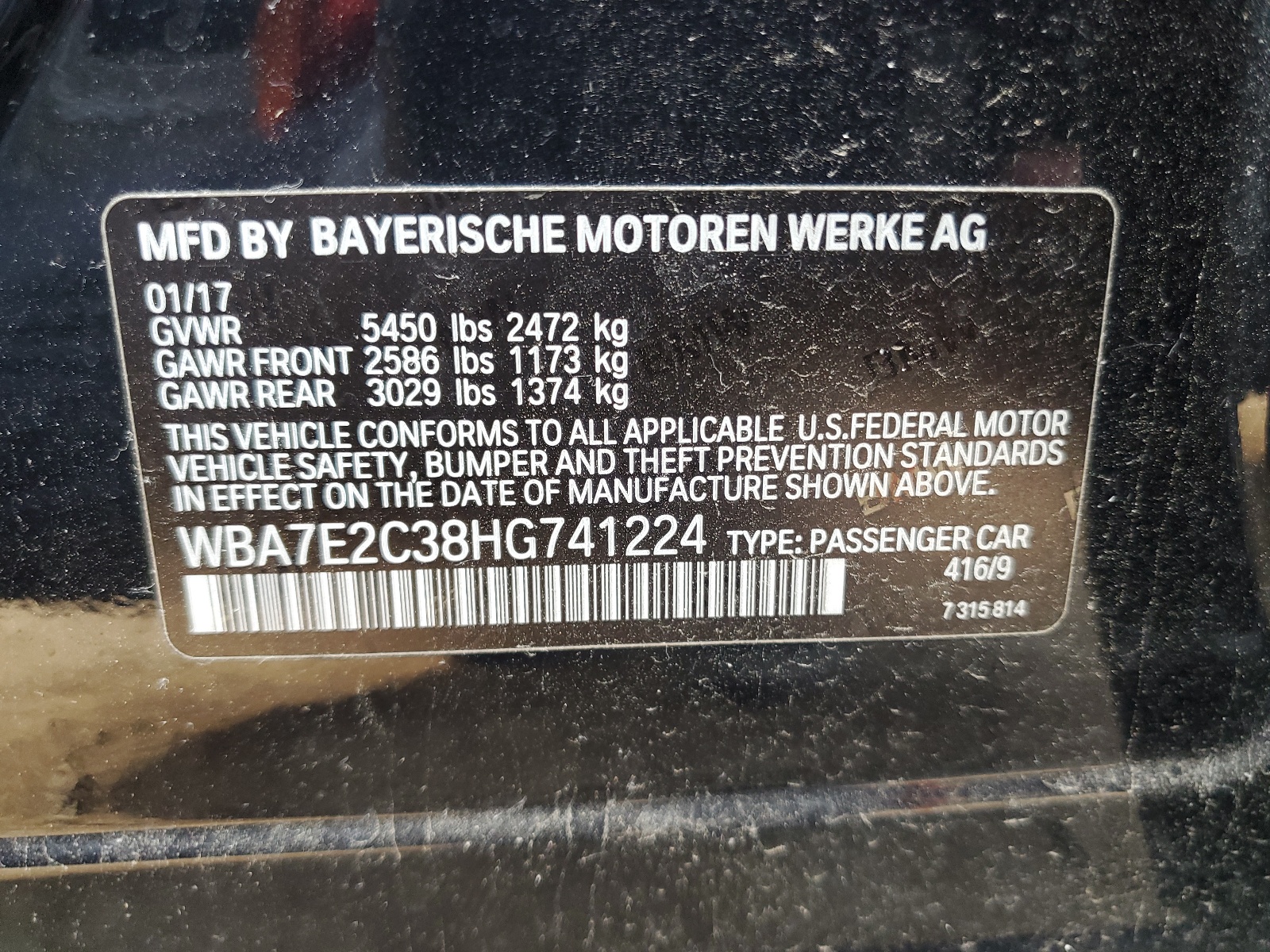 2017 BMW 740 I vin: WBA7E2C38HG741224