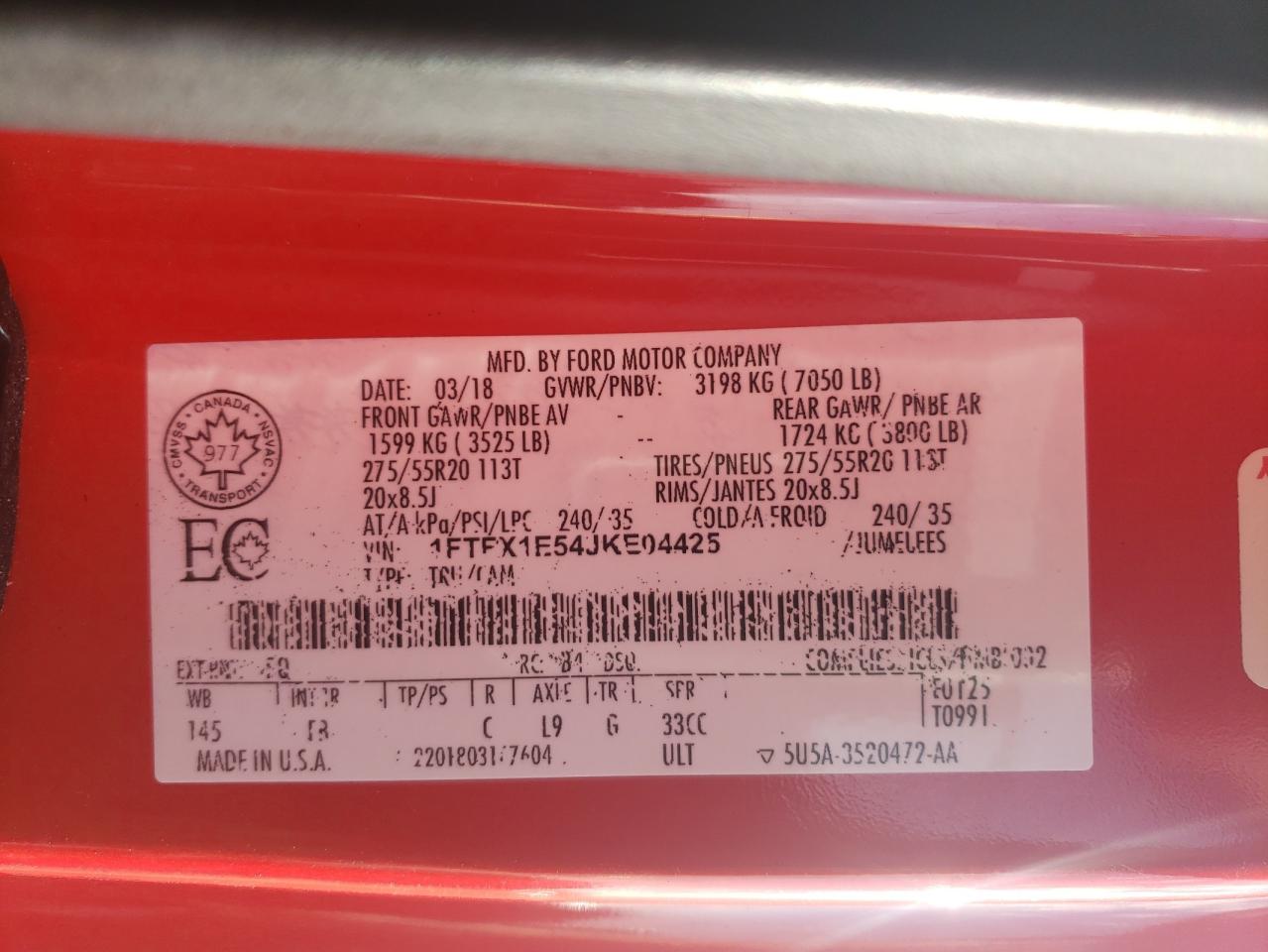 2018 Ford F150 Super Cab VIN: 1FTFX1E54JKE04425 Lot: 60945864