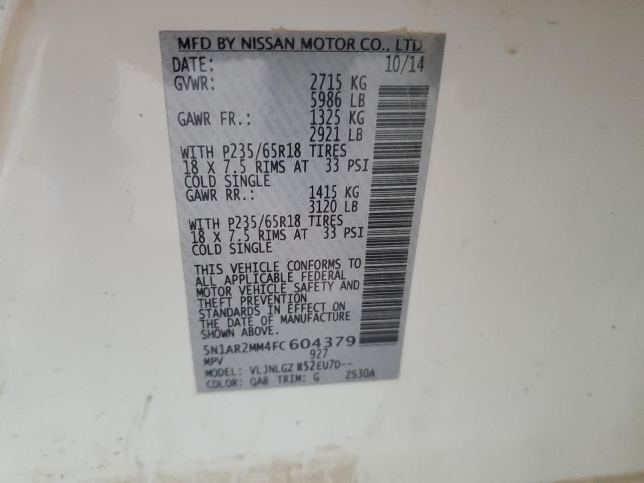 2015 Nissan Pathfinder S VIN: 5N1AR2MM4FC604379 Lot: 64096344