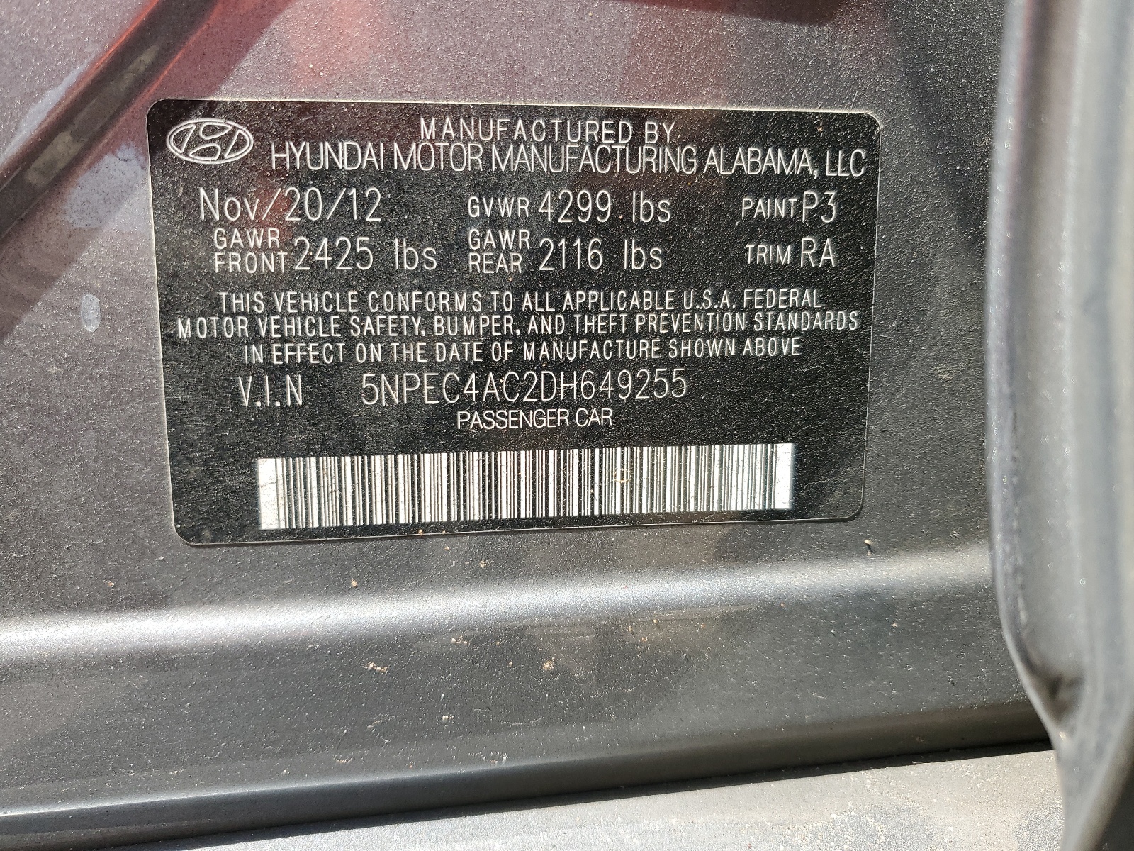 5NPEC4AC2DH649255 2013 Hyundai Sonata Se