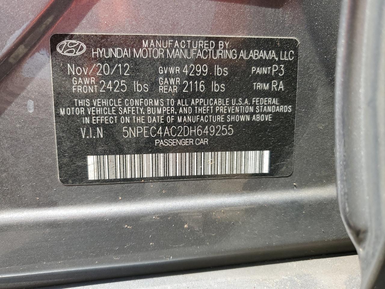 2013 Hyundai Sonata Se VIN: 5NPEC4AC2DH649255 Lot: 63963944