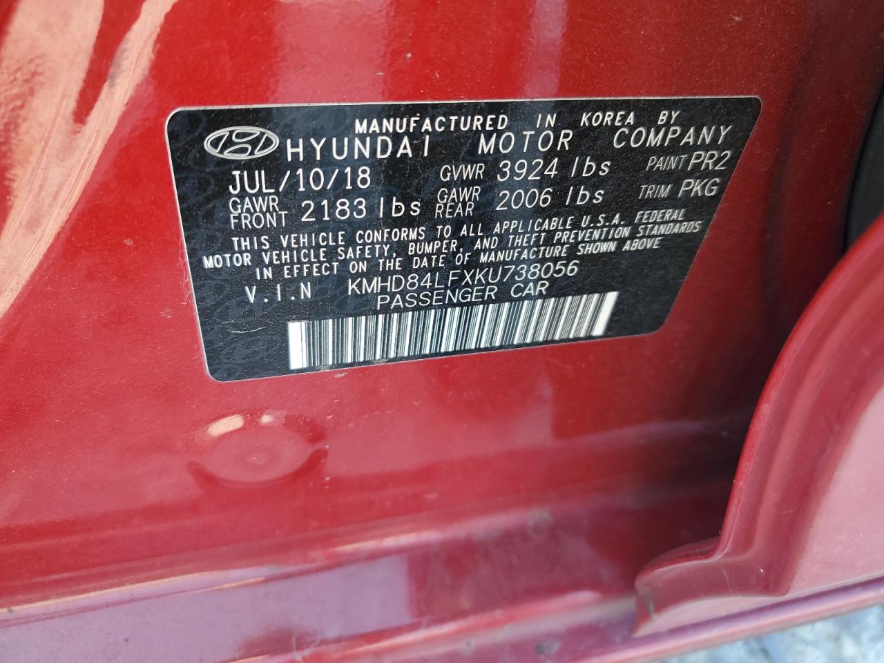 2019 Hyundai Elantra Sel VIN: KMHD84LFXKU738056 Lot: 61713834