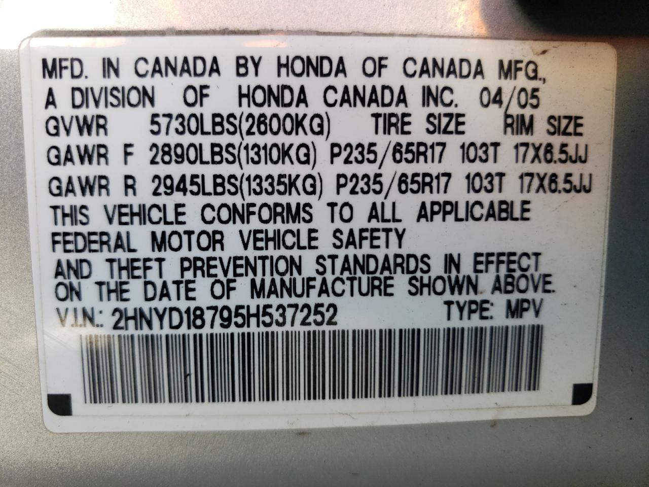 2HNYD18795H537252 2005 Acura Mdx Touring