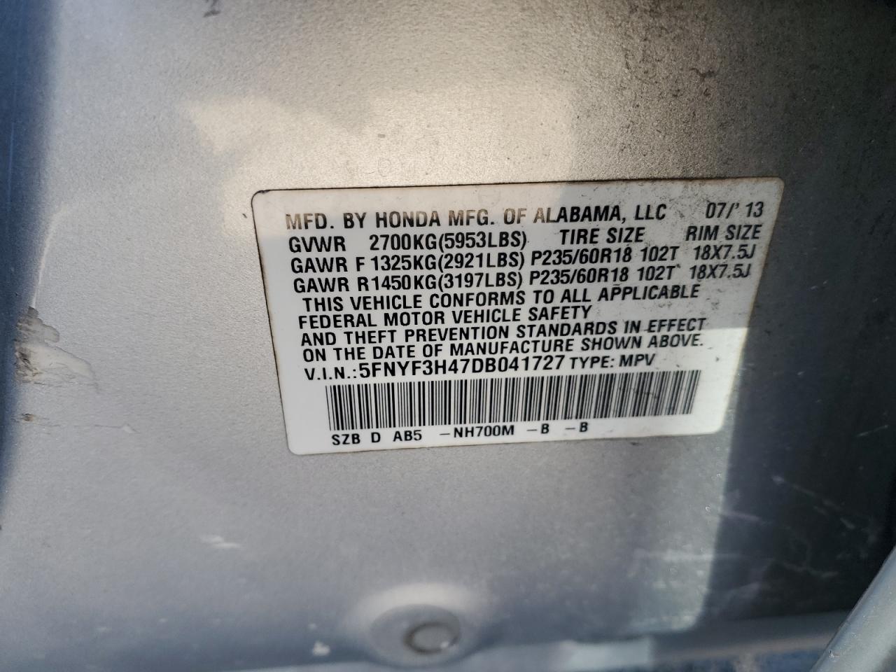 2013 Honda Pilot Ex VIN: 5FNYF3H47DB041727 Lot: 62978894