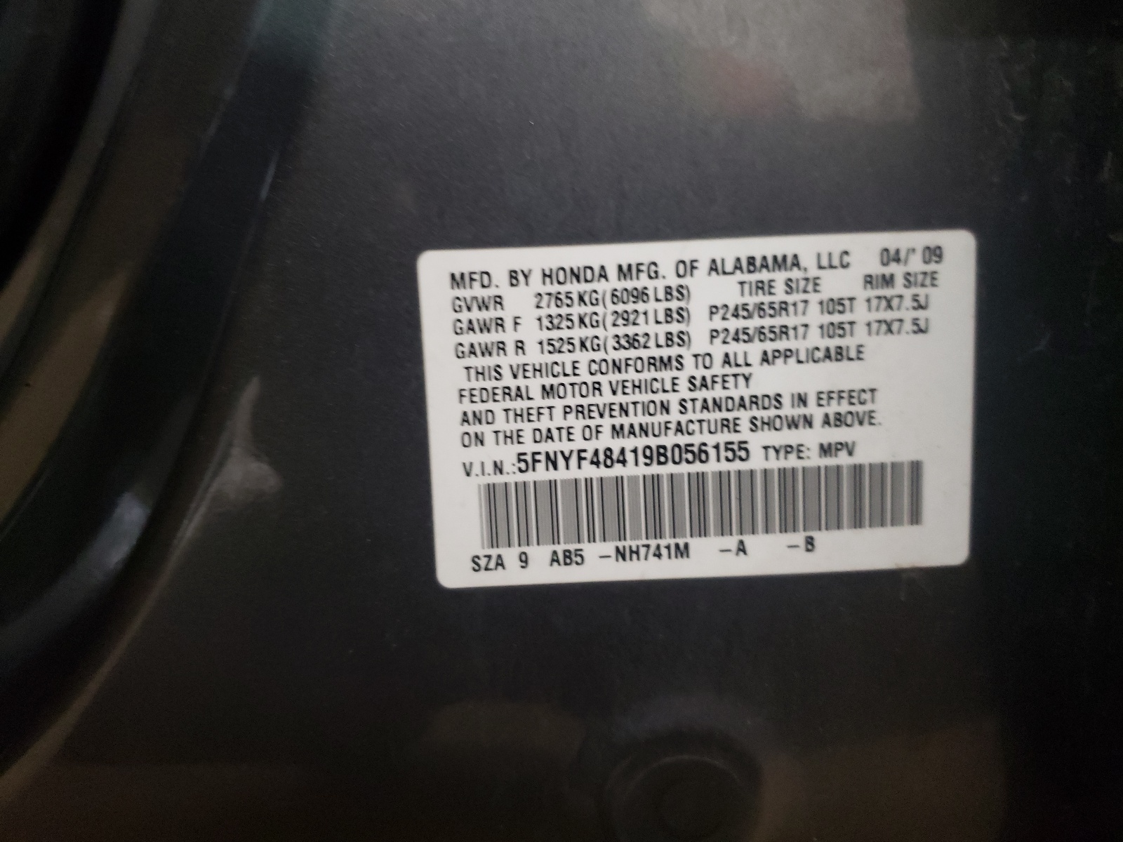 5FNYF48419B056155 2009 Honda Pilot Ex