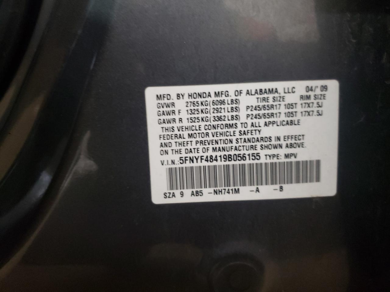 2009 Honda Pilot Ex VIN: 5FNYF48419B056155 Lot: 62115834