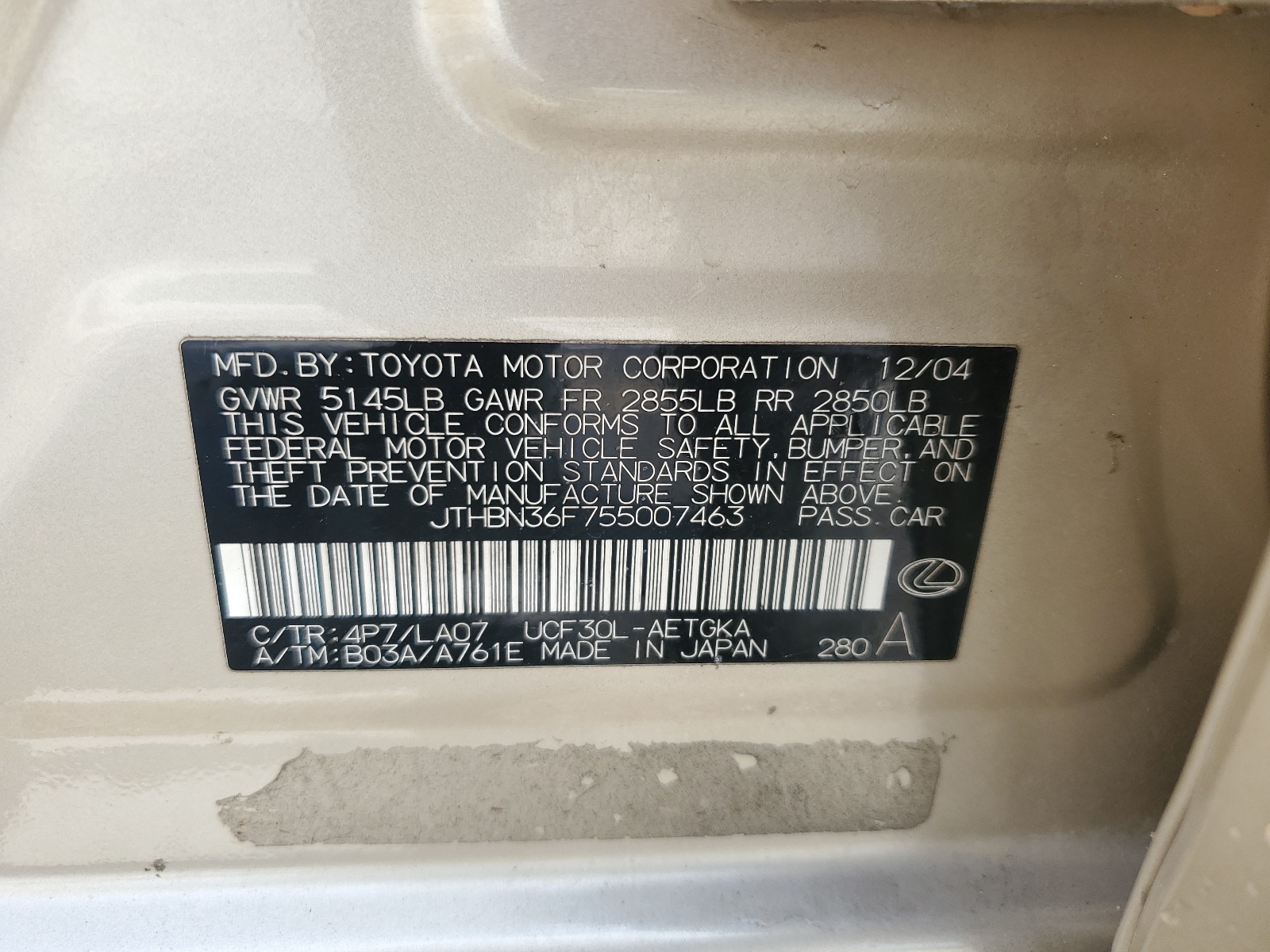 JTHBN36F755007463 2005 Lexus Ls 430