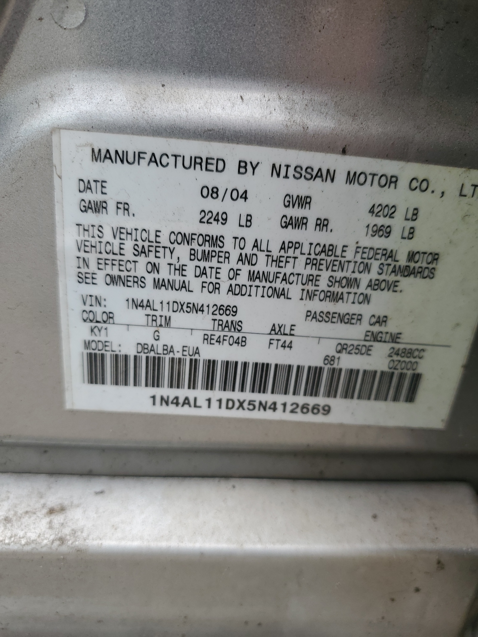 1N4AL11DX5N412669 2005 Nissan Altima S