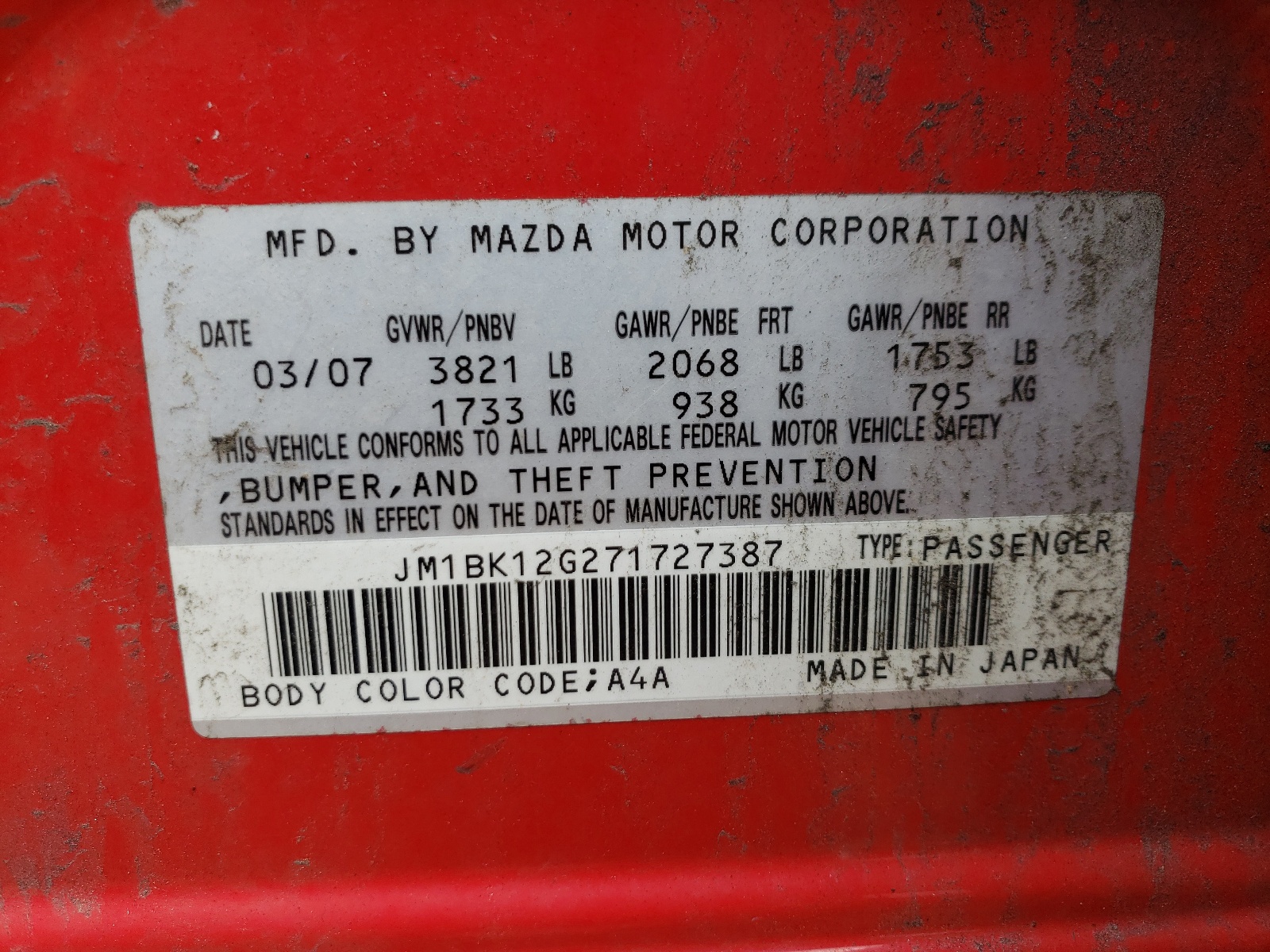 JM1BK12G271727387 2007 Mazda 3 I