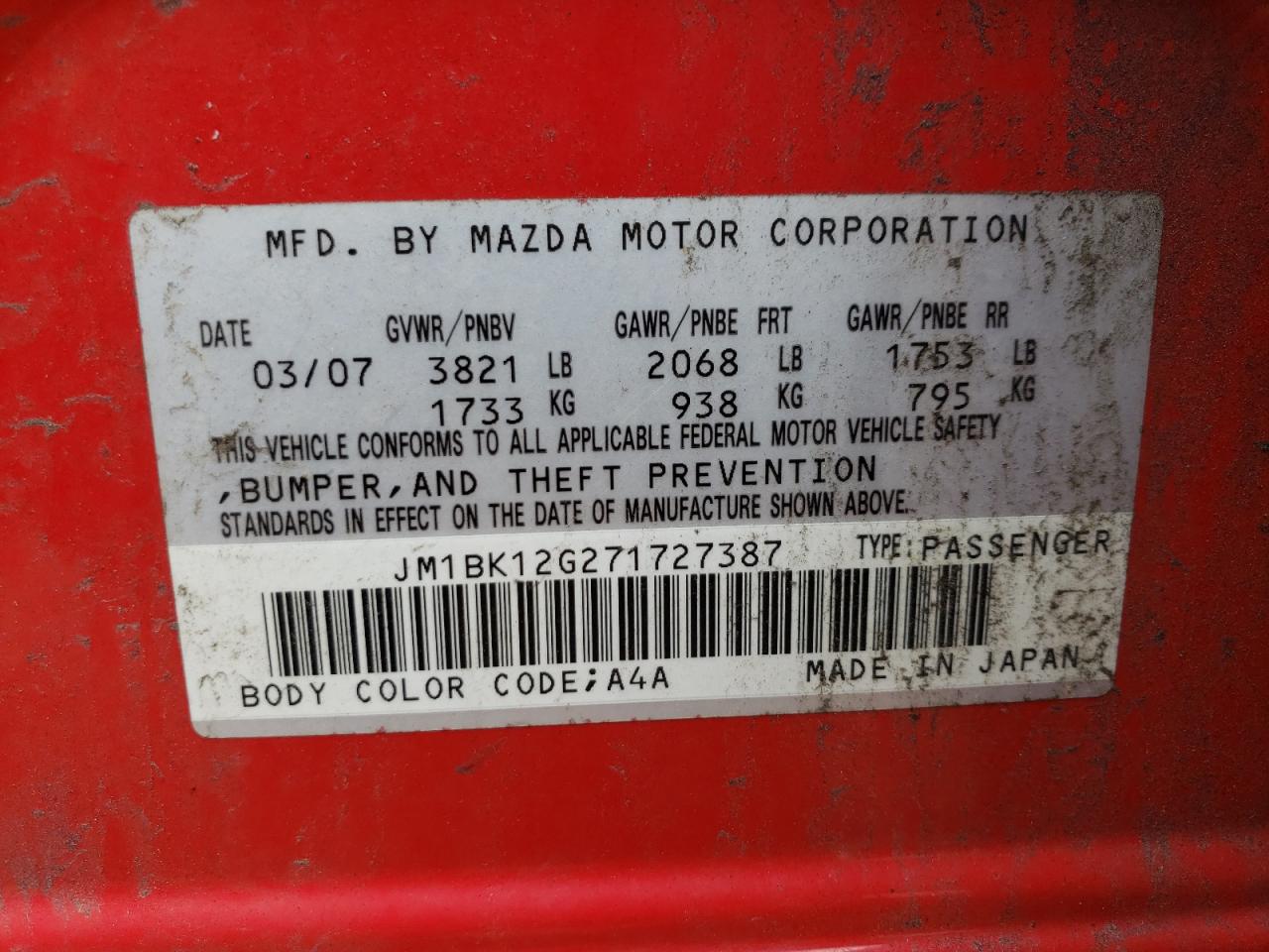 2007 Mazda 3 I VIN: JM1BK12G271727387 Lot: 63974114