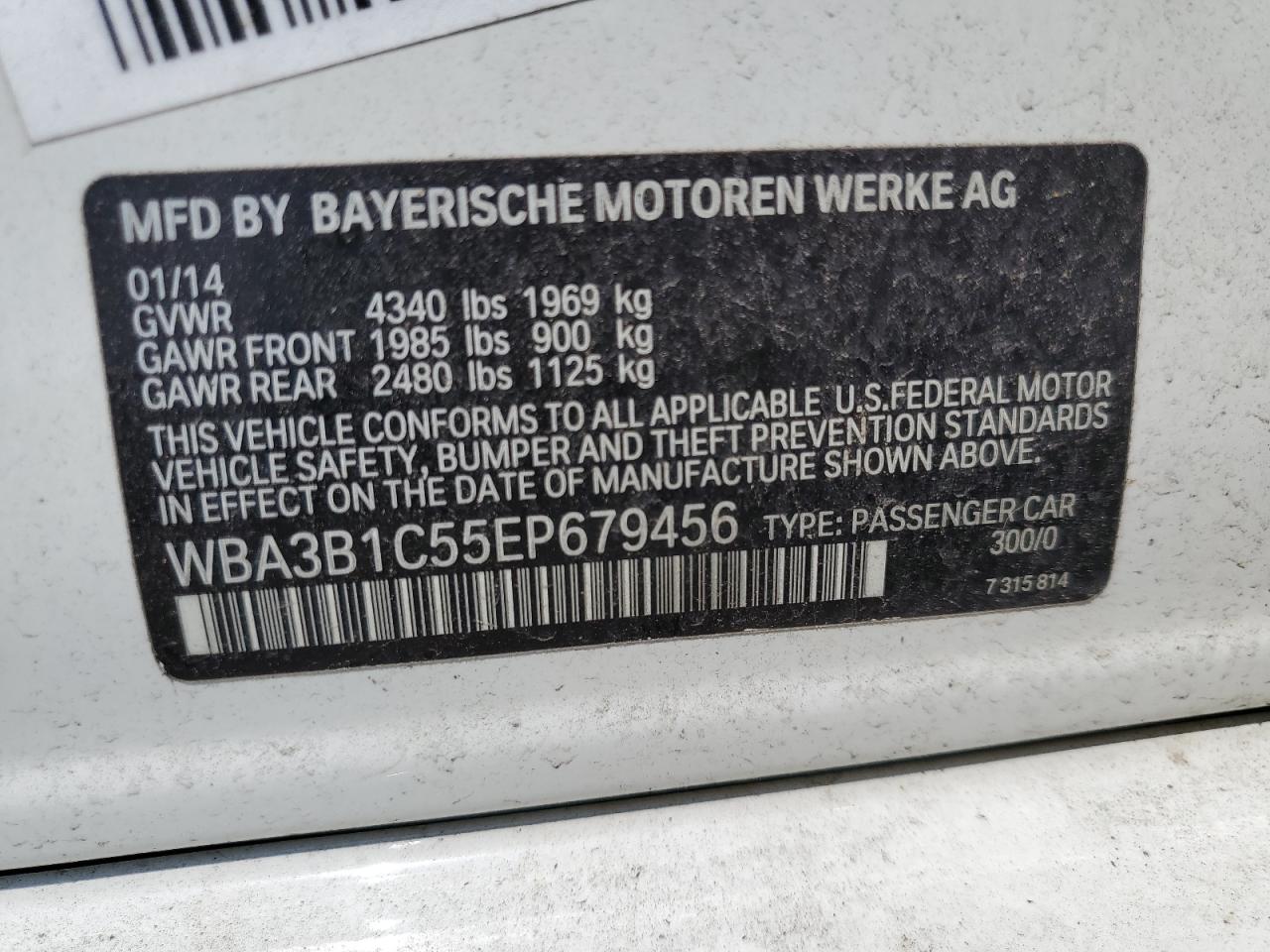 2014 BMW 320 I VIN: WBA3B1C55EP679456 Lot: 63494044