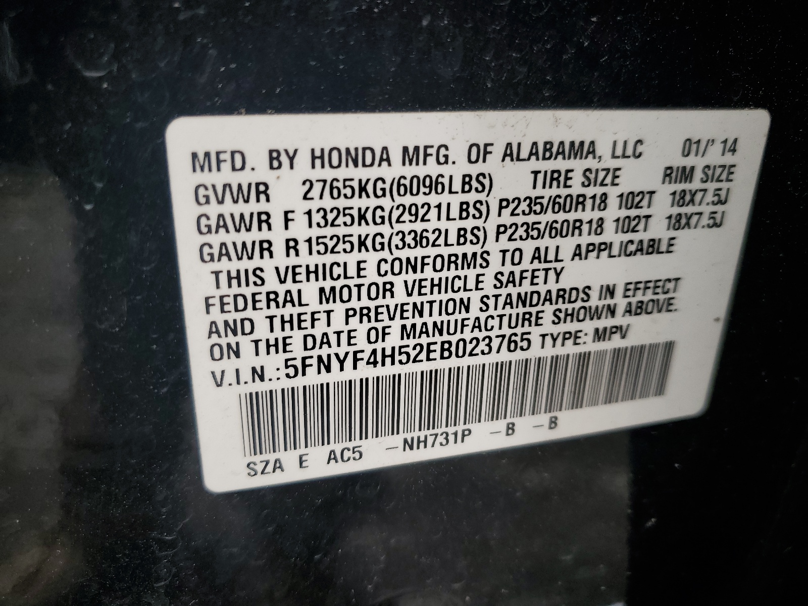 5FNYF4H52EB023765 2014 Honda Pilot Exl