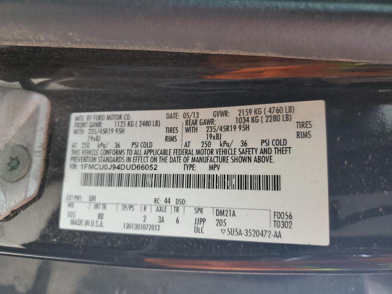 2013 Ford Escape Titanium VIN: 1FMCU0J94DUD66052 Lot: 64510734