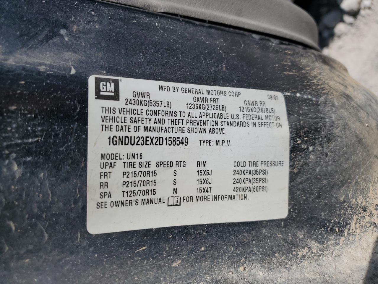 2002 Chevrolet Venture Economy VIN: 1GNDU23EX2D158549 Lot: 62443364